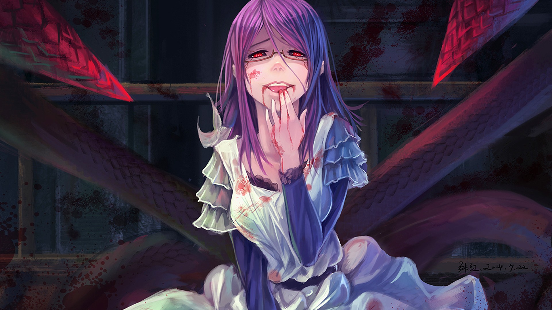 Anime 1920x1080 anime Tokyo Ghoul Kamishiro Rize anime girls frontal view women maid blood glasses licking red eyes looking at viewer purple hair dress