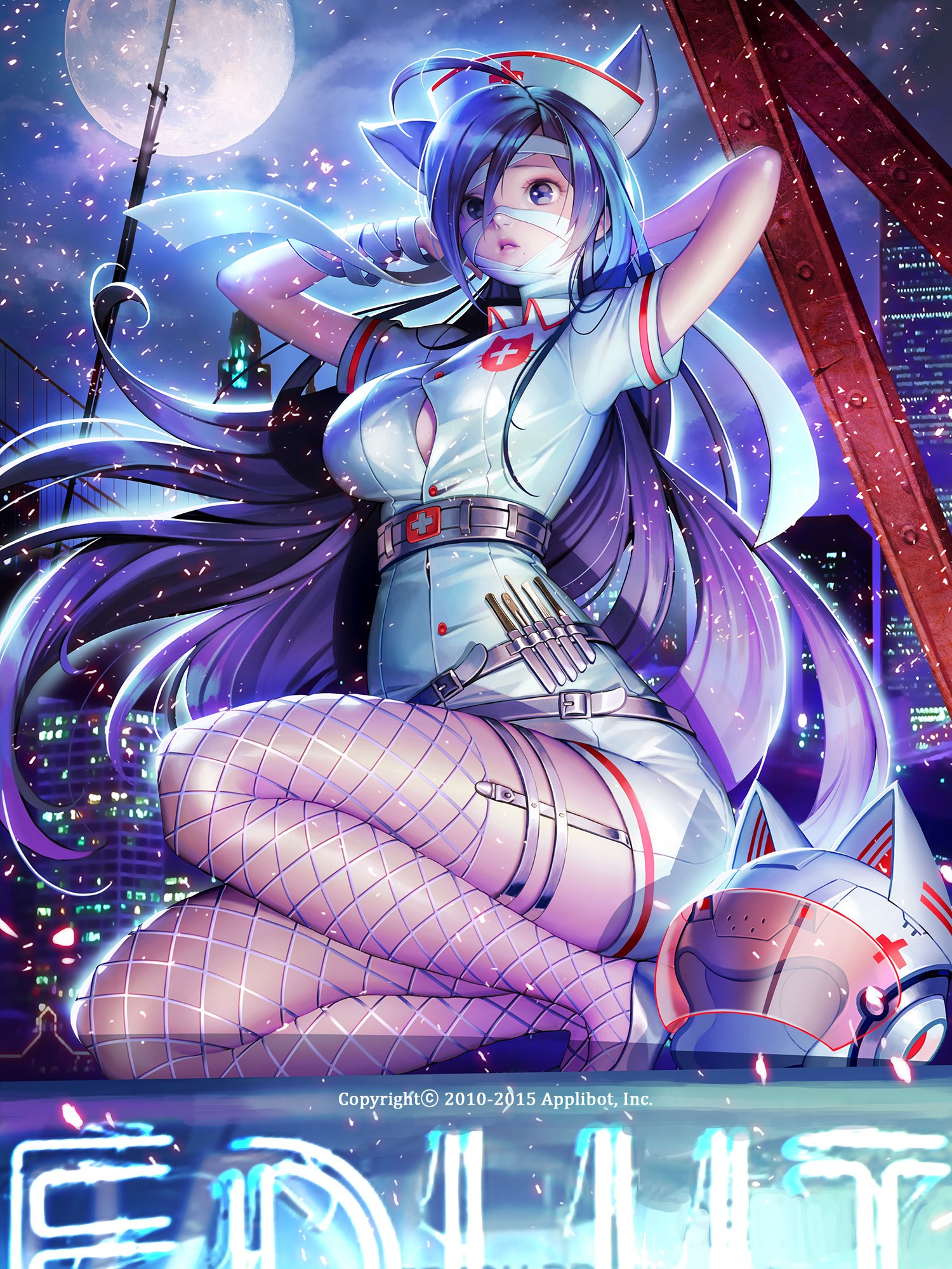 Anime 1500x2000 anime anime girls ArtStation thighs legs stockings boobs purple hair long hair kneeling fishnet