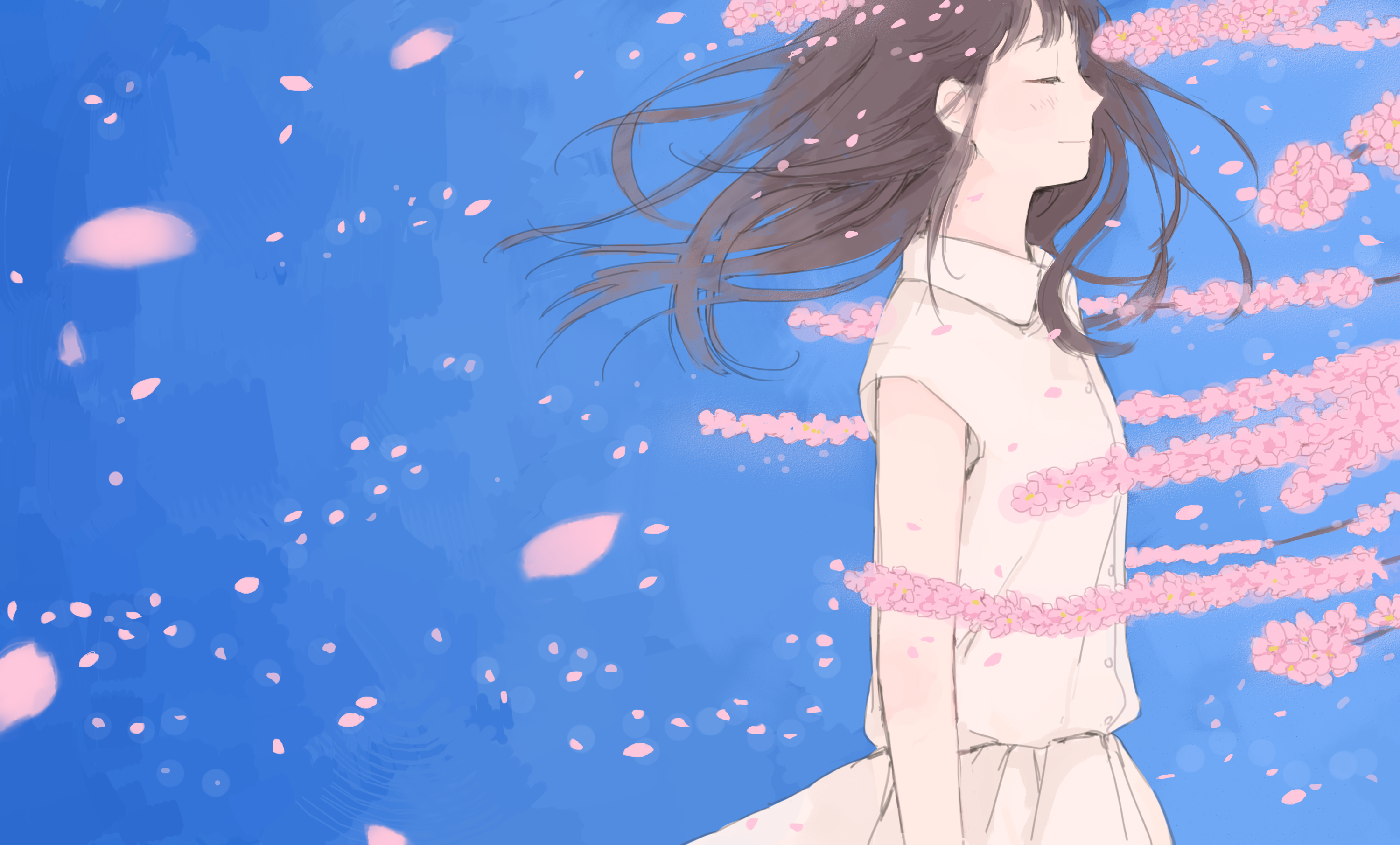 Anime 3000x1812 anime girls brunette flowers closed eyes anime blue background women plants petals long hair