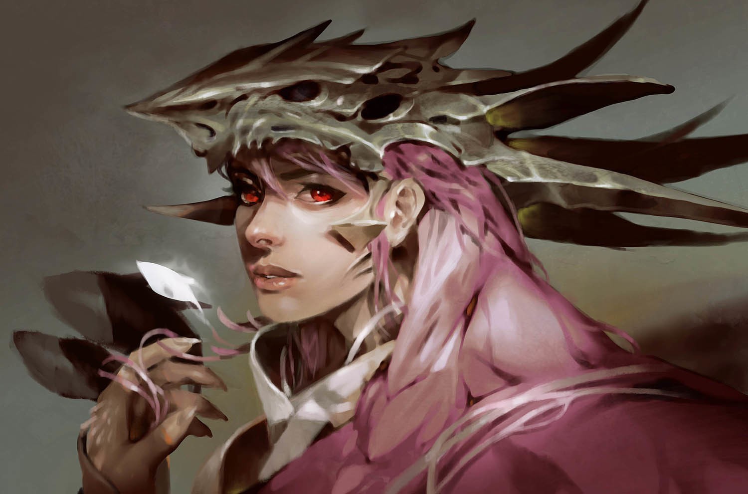 General 1500x991 fantasy art magic fantasy girl skull red eyes pink hair