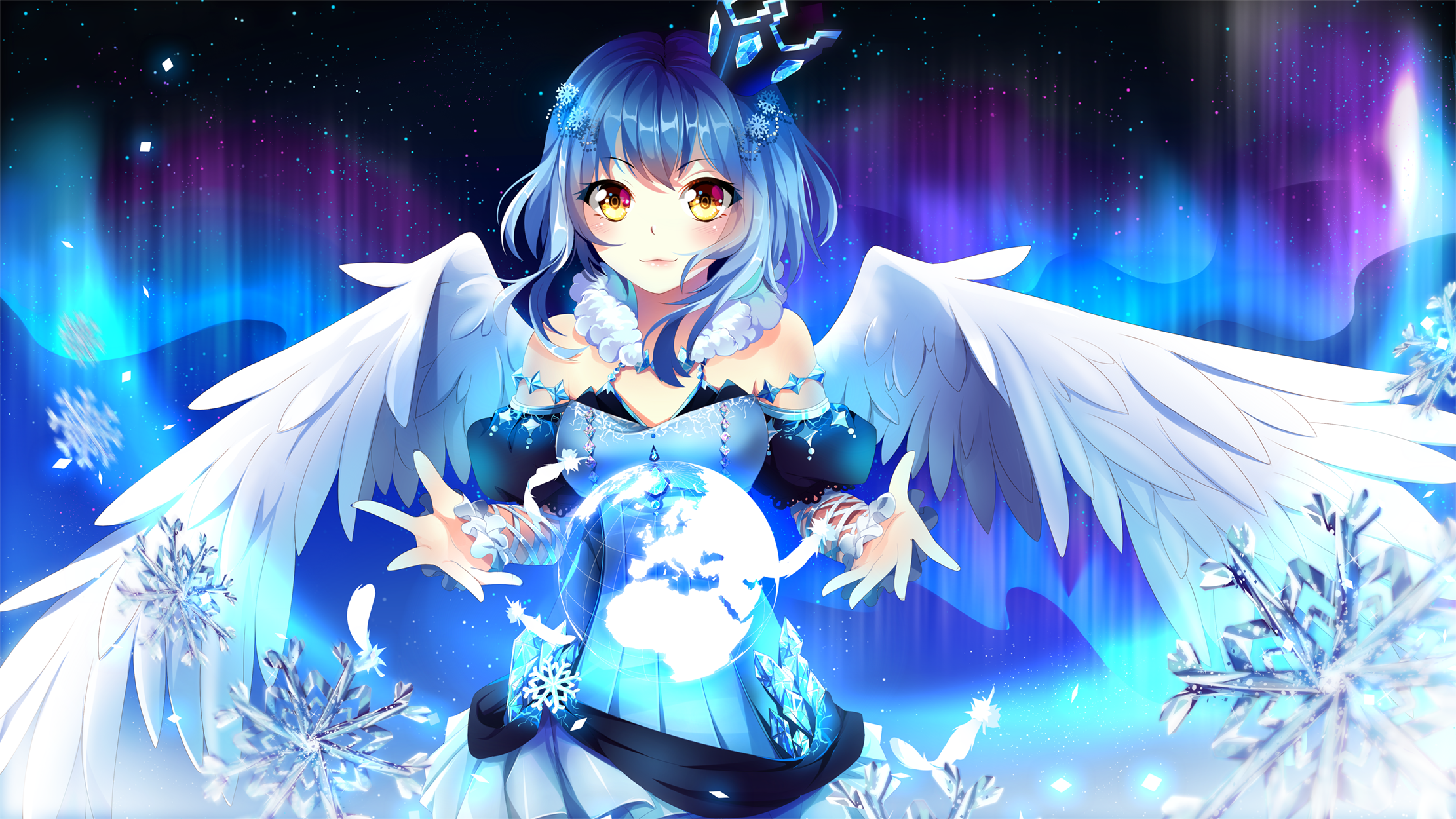 Anime 2222x1250 wings yellow eyes blue dress Ice crystals blue hair