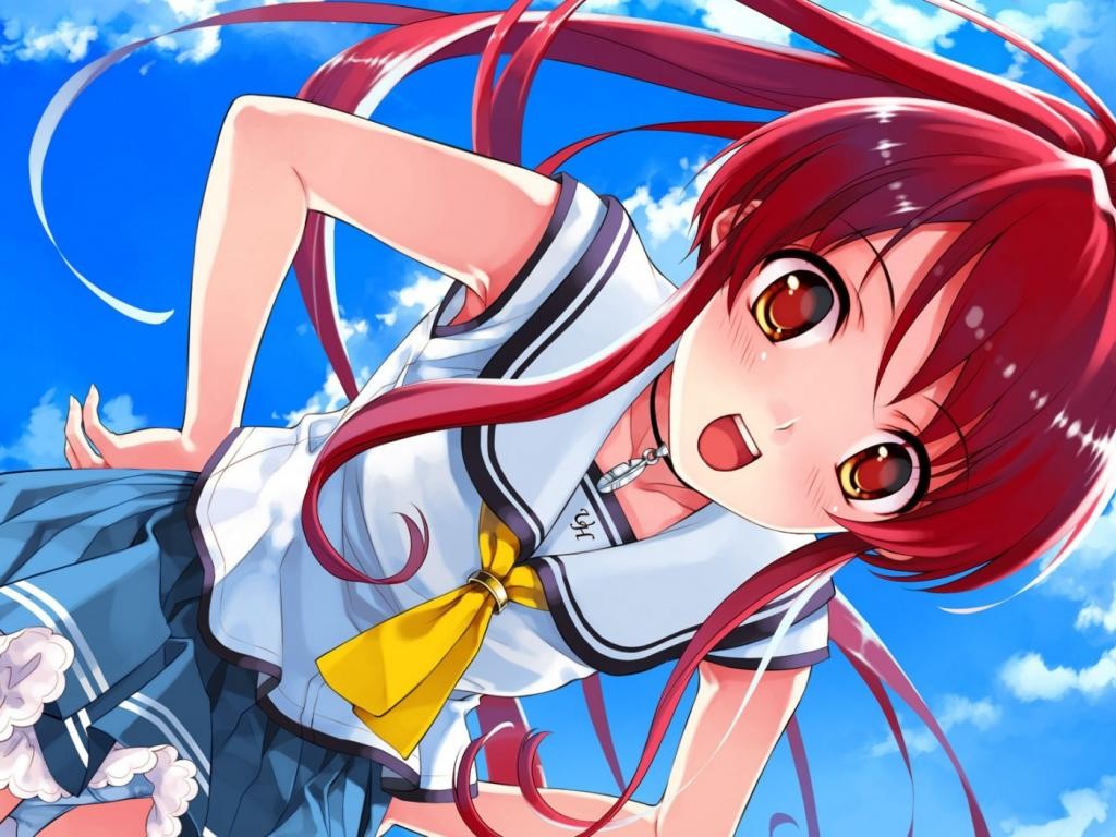 Anime 1024x768 school uniform anime girls sky smiling
