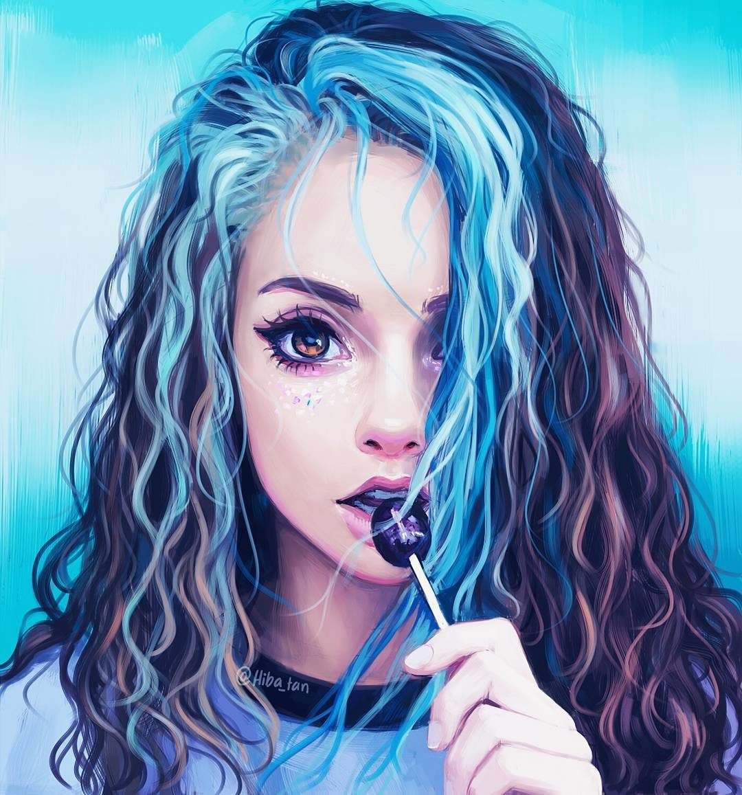 General 1080x1157 artwork drawing blue background blue hair lollipop women looking at viewer cyan