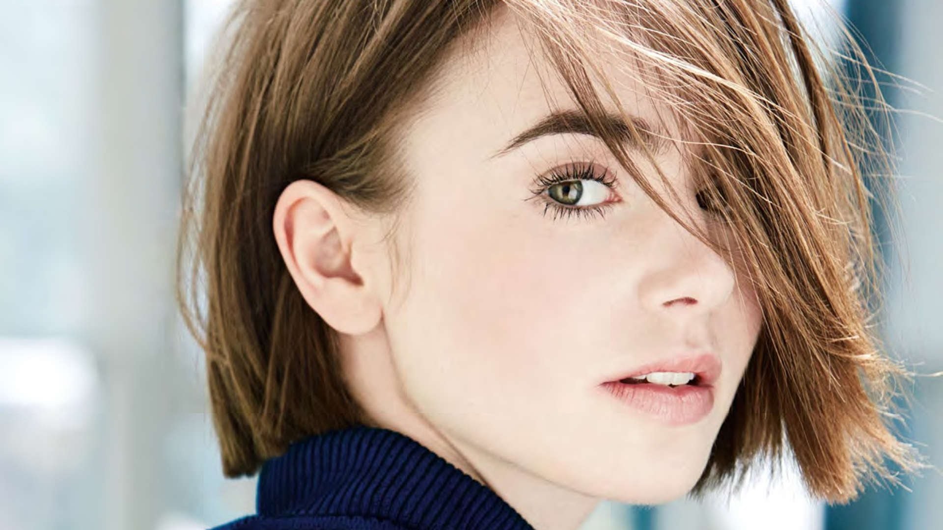 People 1920x1080 Lily Collins women hair in face looking back actress long eyelashes portrait face closeup