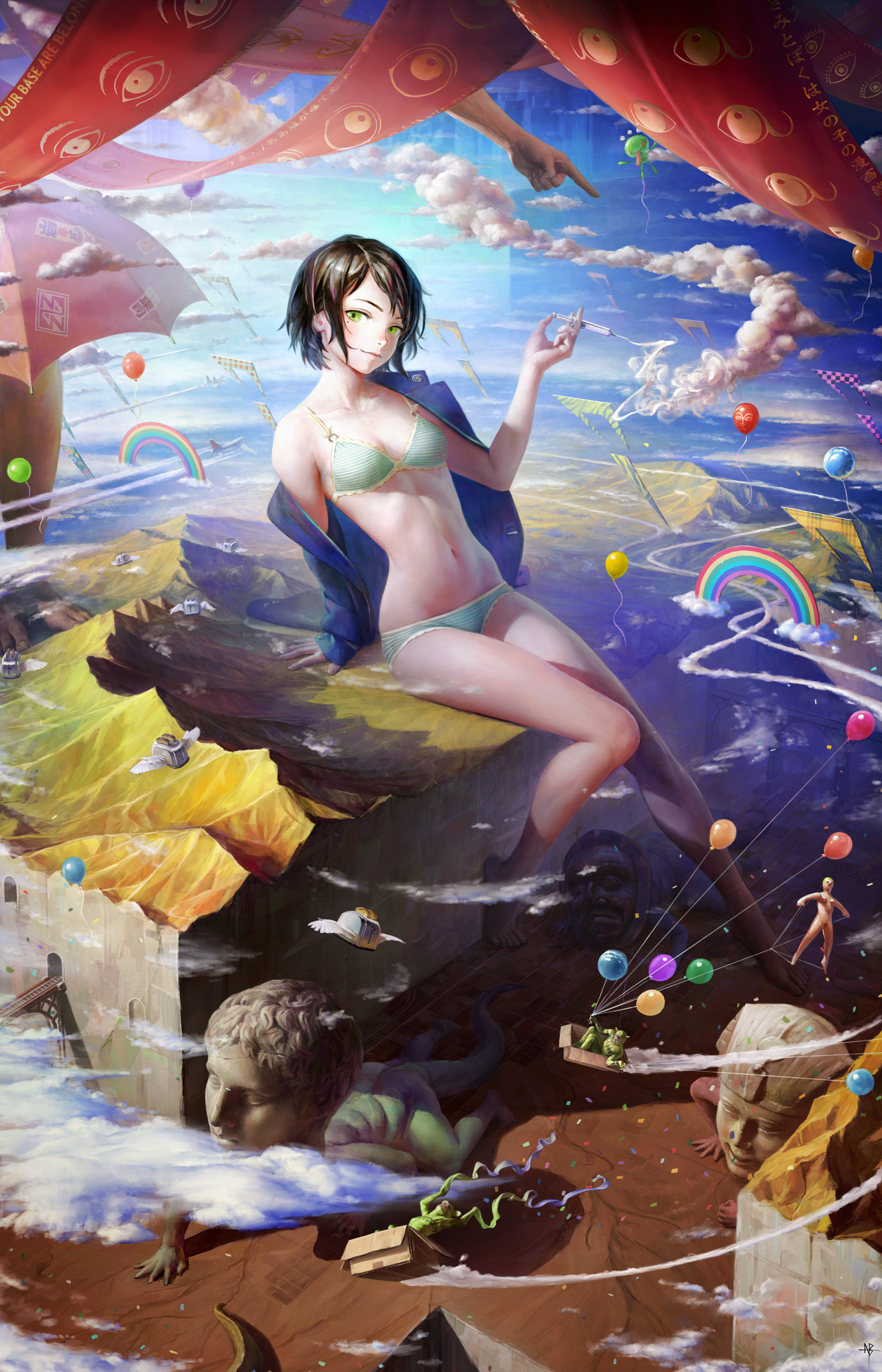 Anime 1384x2152 bikini balloon painting surreal open jacket women short hair green eyes dark hair Arata Yokoyama