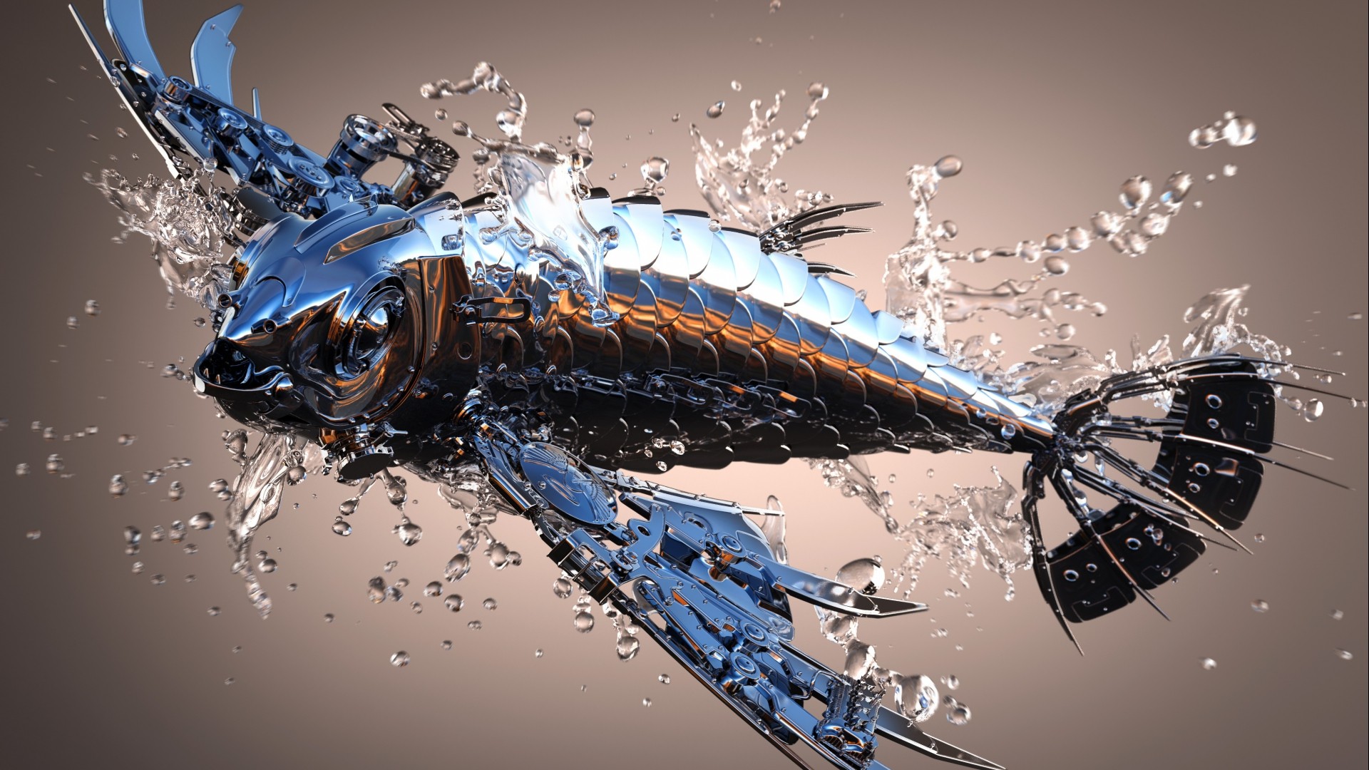 General 1920x1080 digital art animals CGI splashes metal water drops simple background fish flying reflection