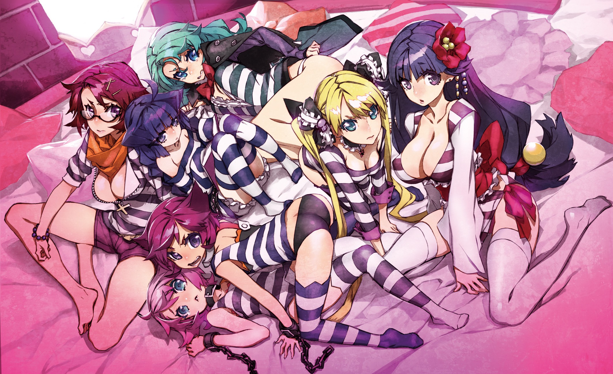 Anime 2127x1299 striped clothing anime girls ass panties kneeling big boobs flower in hair purple hair barefoot chains long hair blue eyes group of women stockings boobs knees together anime women women with glasses curvy underwear lingerie