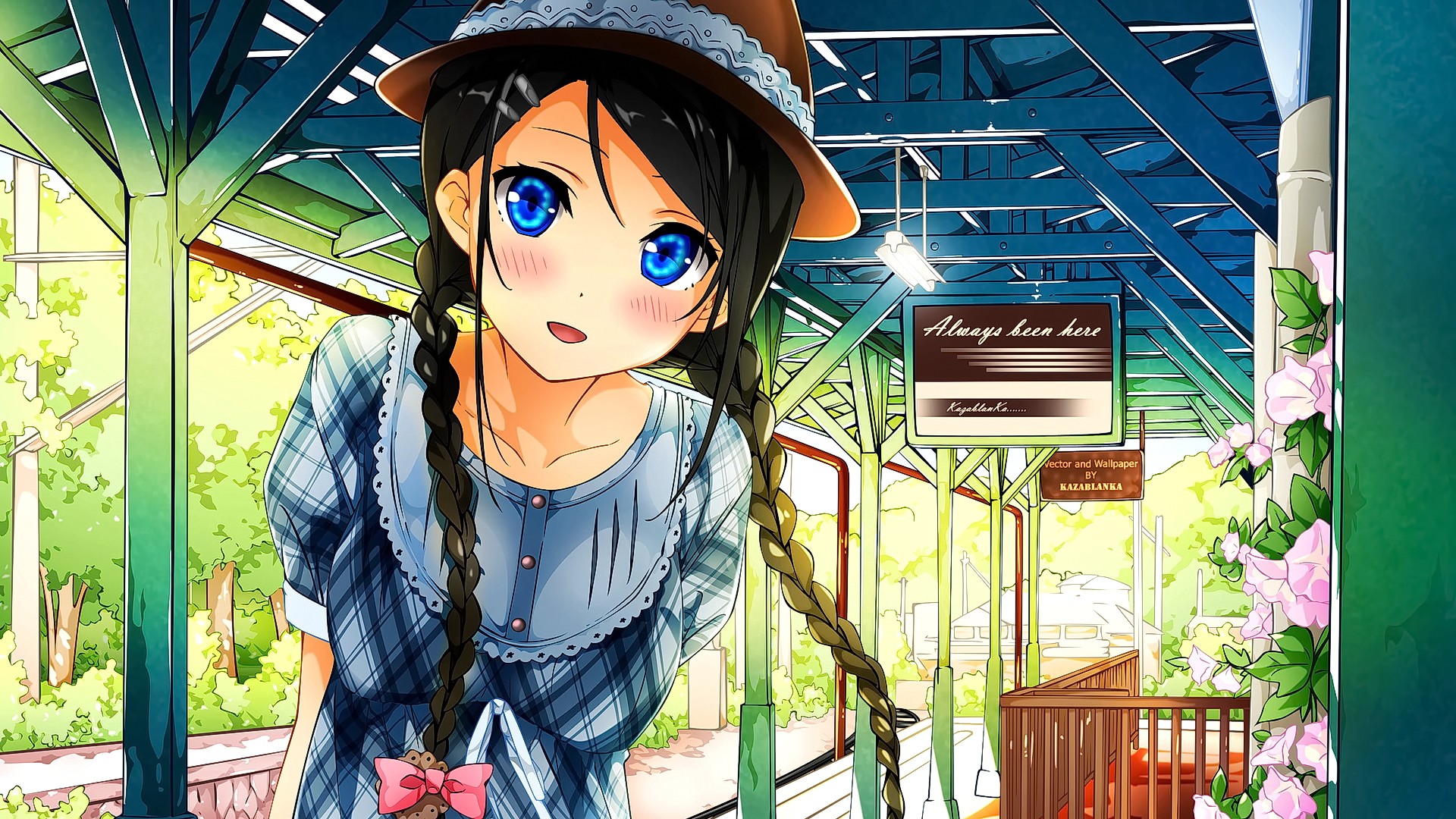 Anime 1920x1080 anime anime girls original characters Kantoku train station dark hair blue eyes looking at viewer braids dress flowers