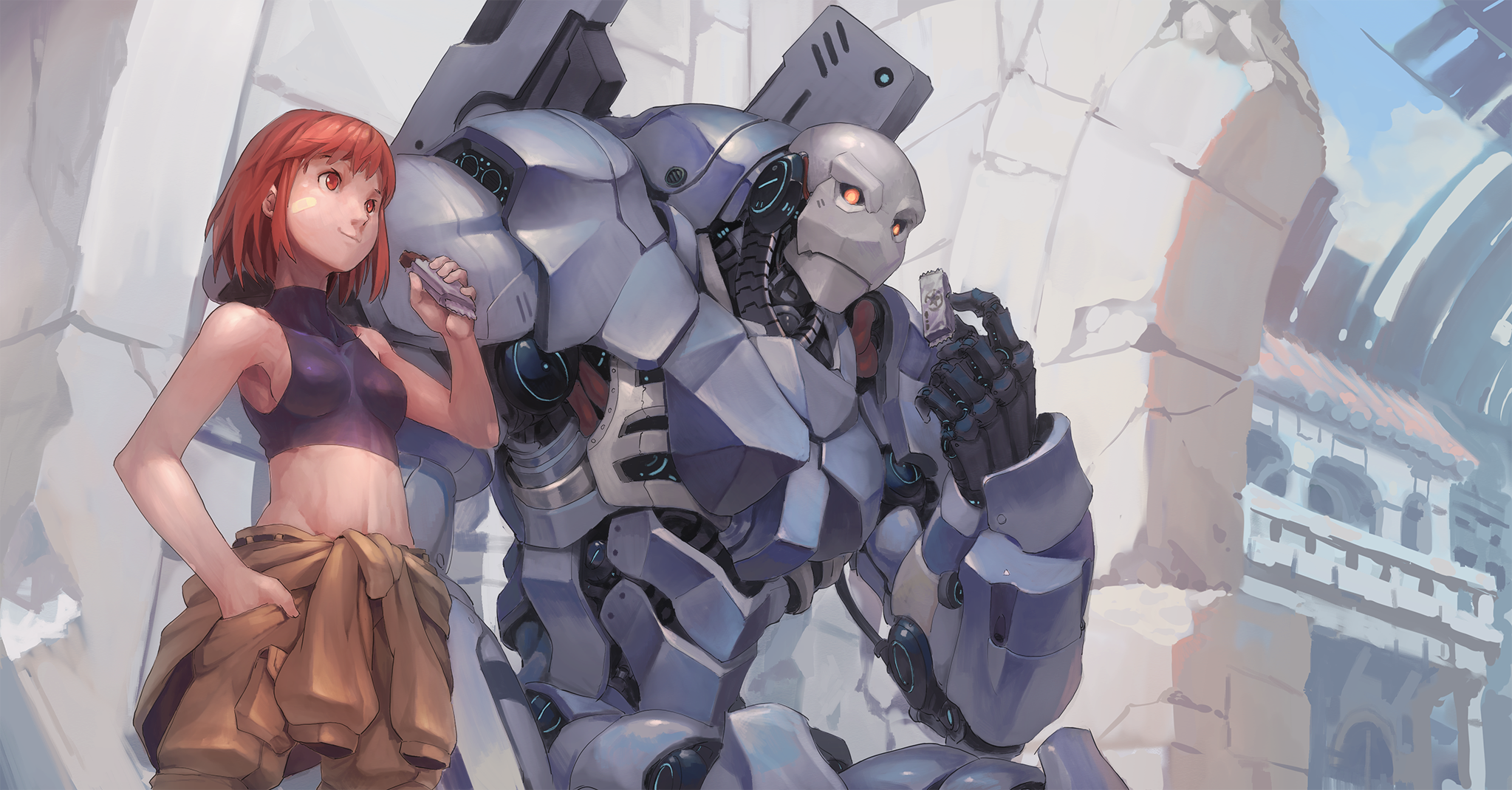 Anime 2047x1070 anime mechs original characters boobs belly futuristic redhead red eyes food chocolate women anime girls