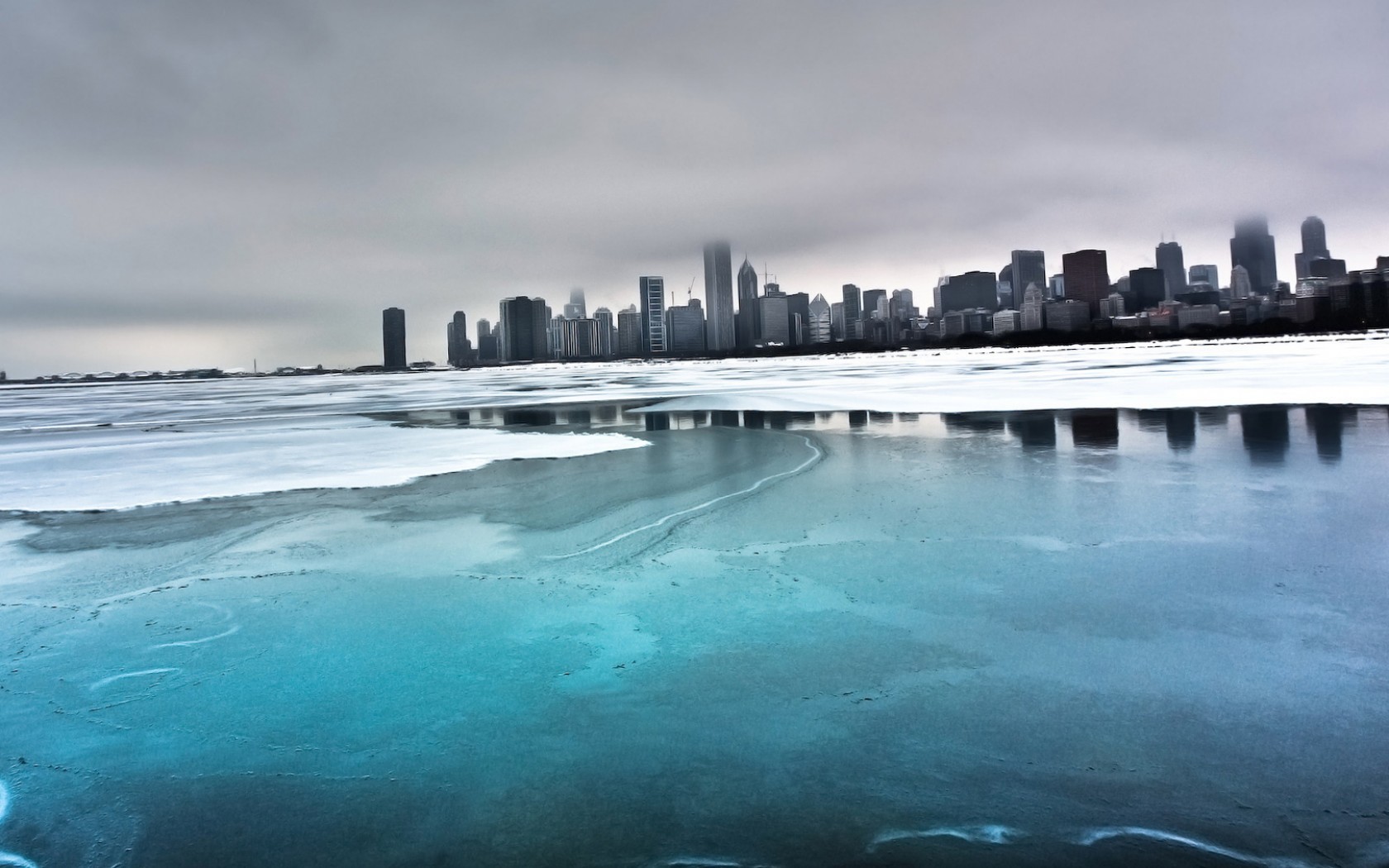 General 1680x1050 city sea clouds mist landscape cityscape ice water overcast blue cyan reflection snow Chicago USA winter