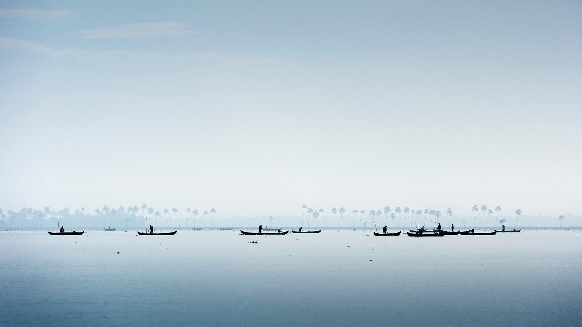 General 1920x1080 nature landscape India water lake boat men fisherman fishing palm trees minimalism sky clouds silhouette mist