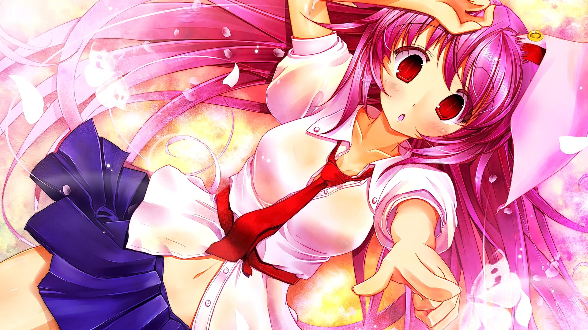 Anime 1920x1080 anime anime girls pink hair long hair open mouth looking at viewer Reisen Udongein Inaba Touhou red eyes tie skirt