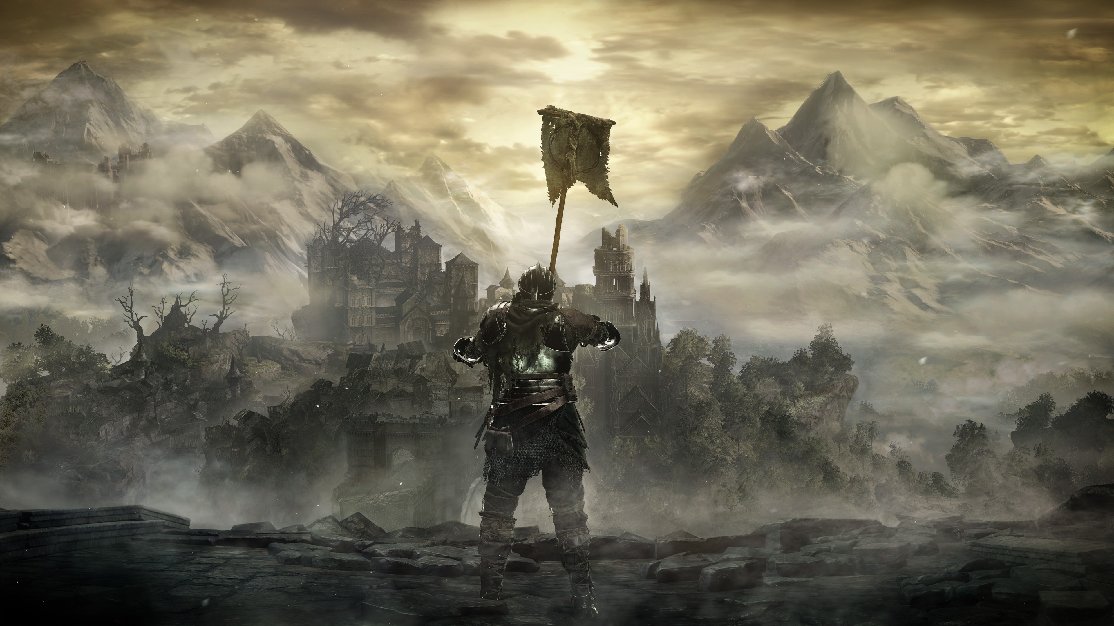 General 3840x2160 Dark Souls III Dark Souls dark gothic knight magic landscape looking into the distance From Software mountains video games video game art fantasy art