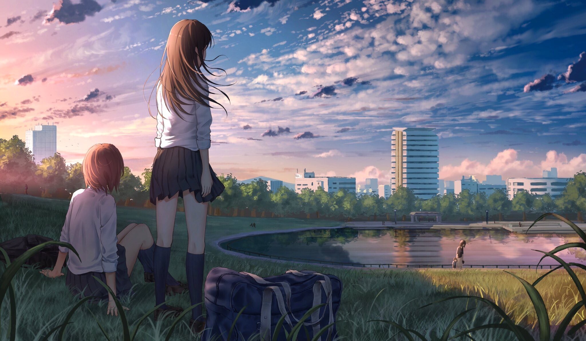 Anime 2048x1192 sky short hair long hair landscape school uniform city schoolgirl lake anime moescape anime girls