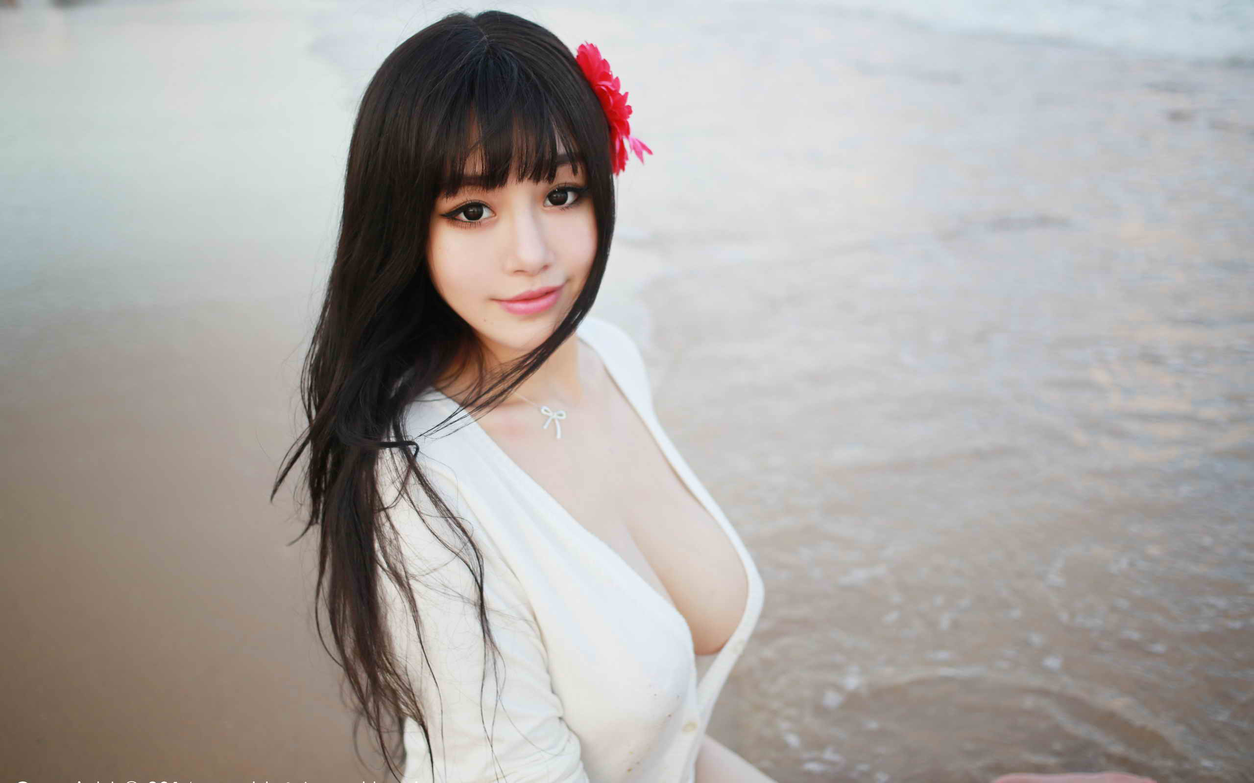 People 2560x1600 Xiuren model brunette big boobs natural boobs beach Zhu Ke Er Chinese women Asian