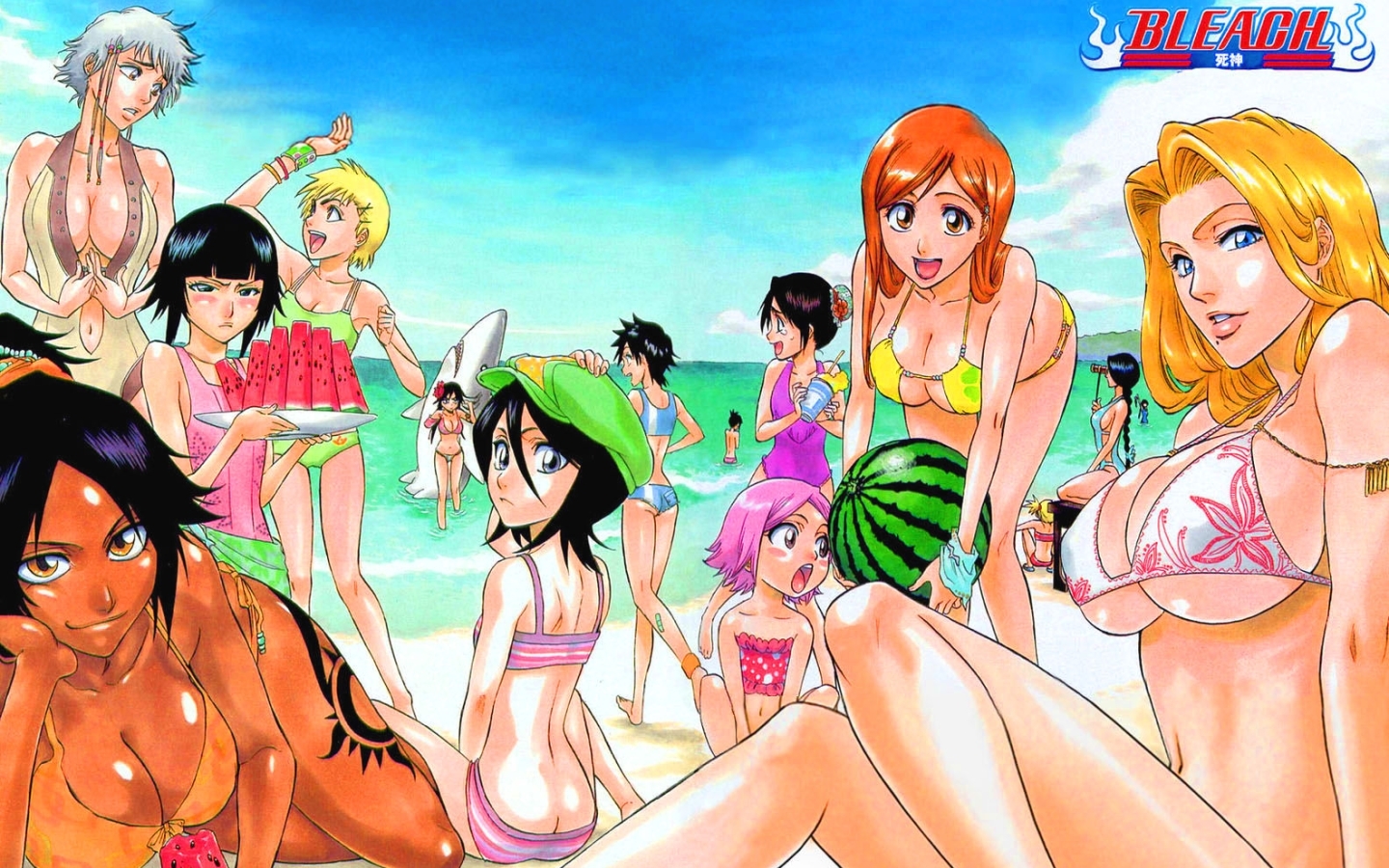 Anime 1440x900 Bleach anime anime girls big boobs beach ass boobs bikini Inoue Orihime Matsumoto Rangiku Shihouin Yoruichi Kuchiki Rukia Kotetsu Isane Kotetsu Kiyone Sui-Feng Unohana Retsu Momo Hinamori group of women women on beach watermelons
