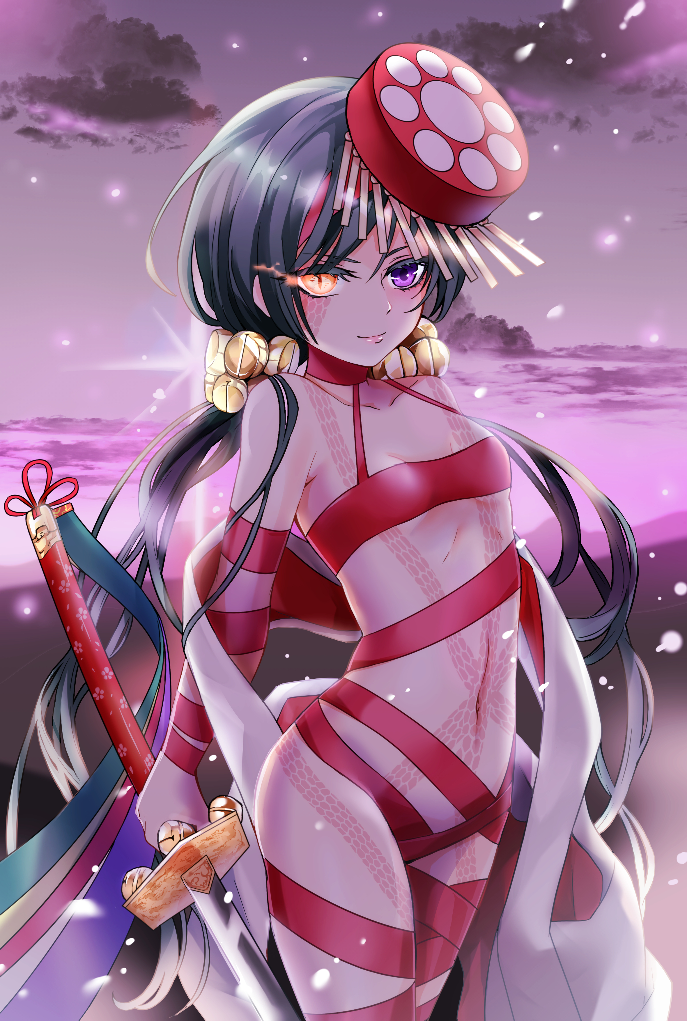 Anime 2360x3508 Fate/Grand Order heterochromia Mochizuki Chiyome (Fate/Grand Order) red ribbon sword tattoo dark hair nude naked ribbon Fate series anime girls