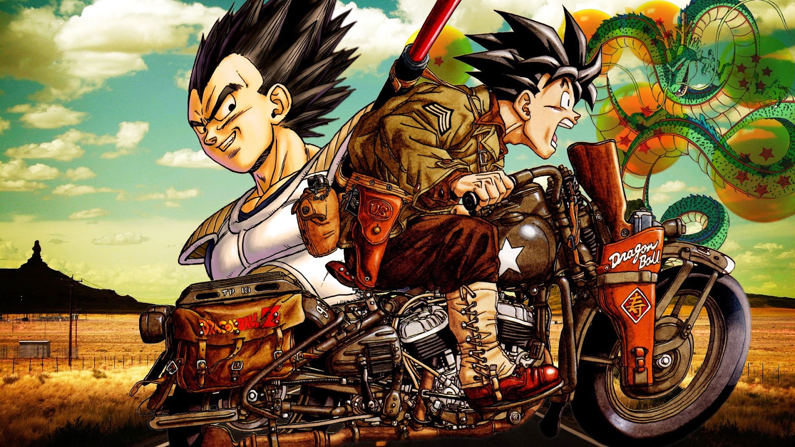 Anime 1600x900 Dragon Ball Z Dragon Ball Son Goku Vegeta Shenron motorcycle anime anime boys dark hair