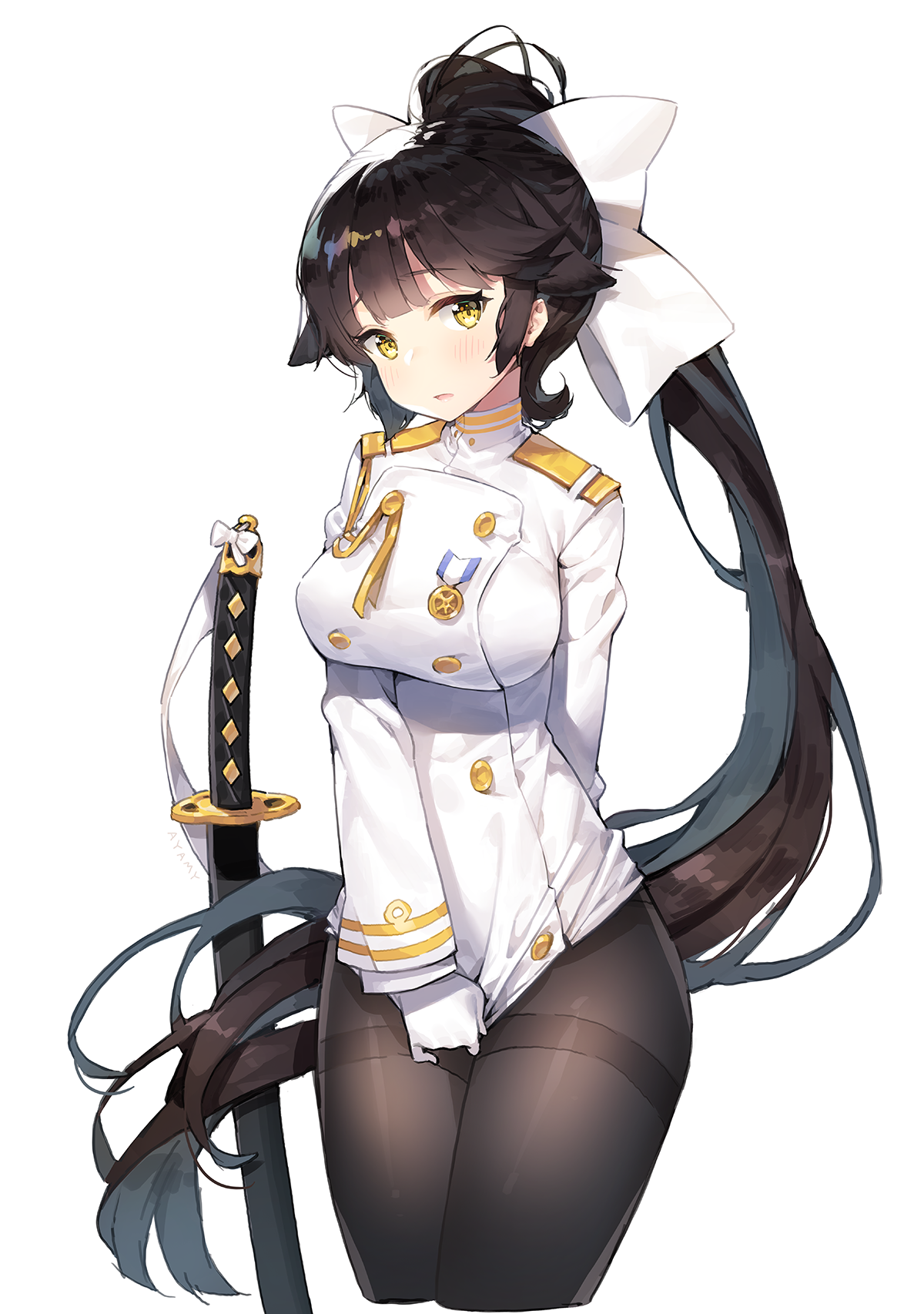Anime 1200x1706 boobs white background pantyhose sword uniform Azur Lane Takao (Azur Lane) anime girls