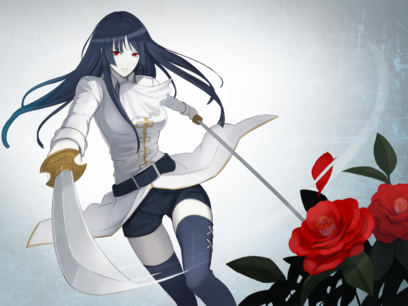 Anime 1600x1200 Gintama anime girls Imai Nobume anime long hair women flowers red flowers women with swords red eyes simple background pants stockings