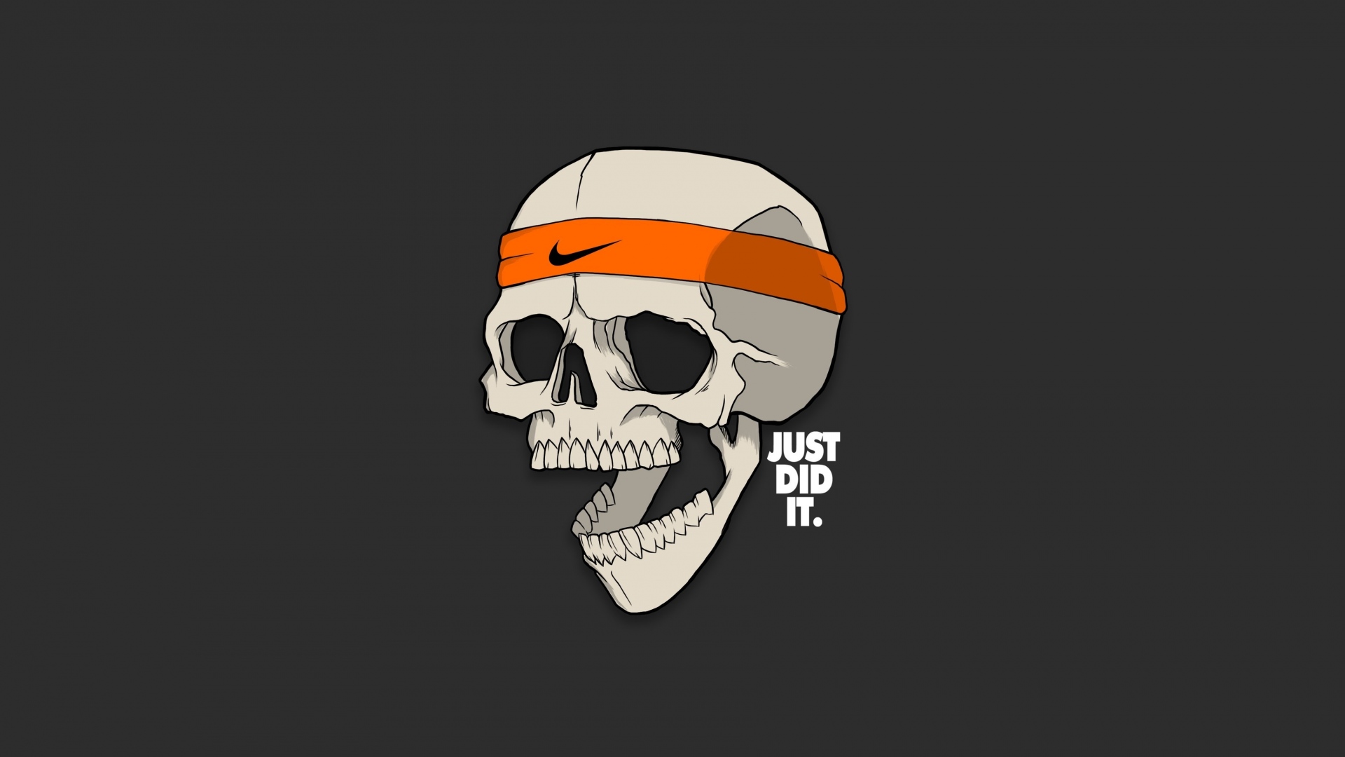 General 1920x1080 digital art skull simple background Nike humor open mouth headband Just Do It. gray background dead dark gray dark humor