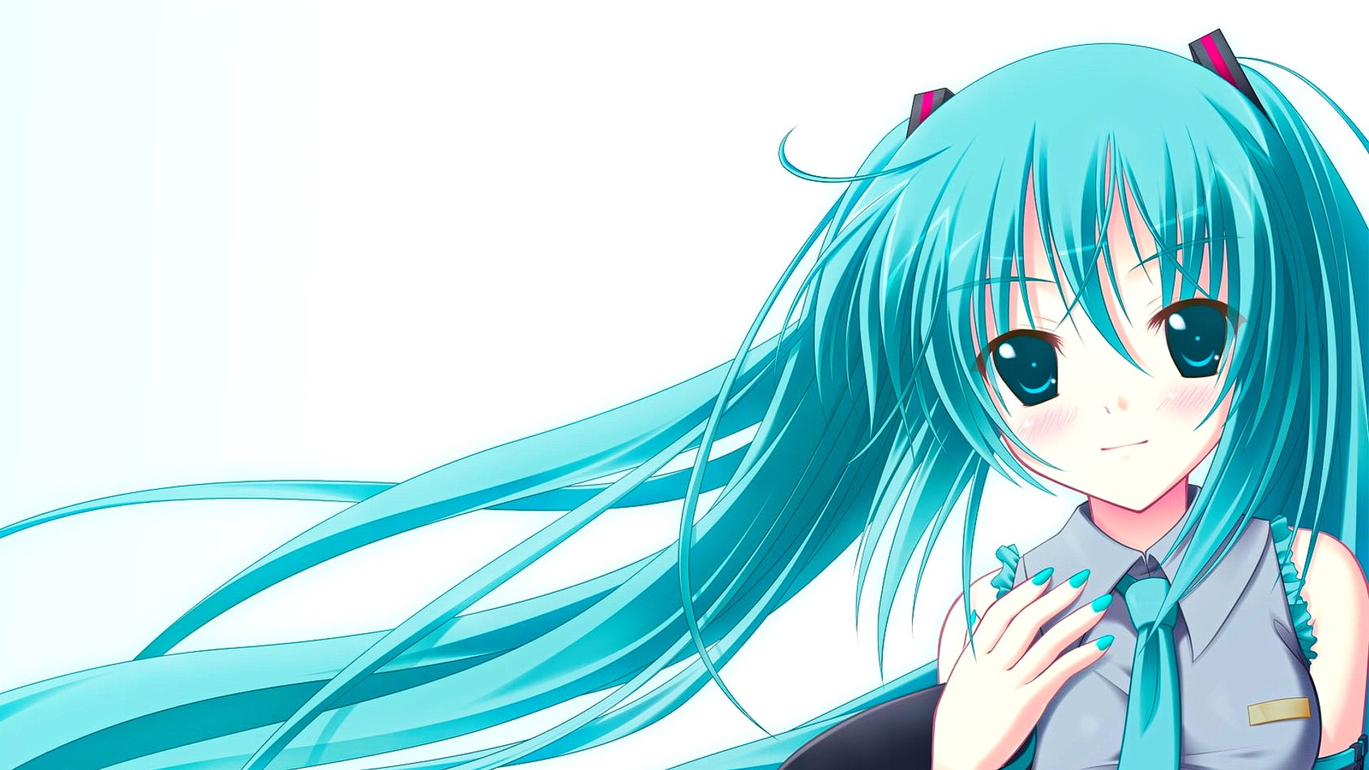 Anime 1920x1080 anime anime girls Hatsune Miku Vocaloid cyan hair long hair eyes smiling aqua eyes face tie white background simple background looking at viewer painted nails