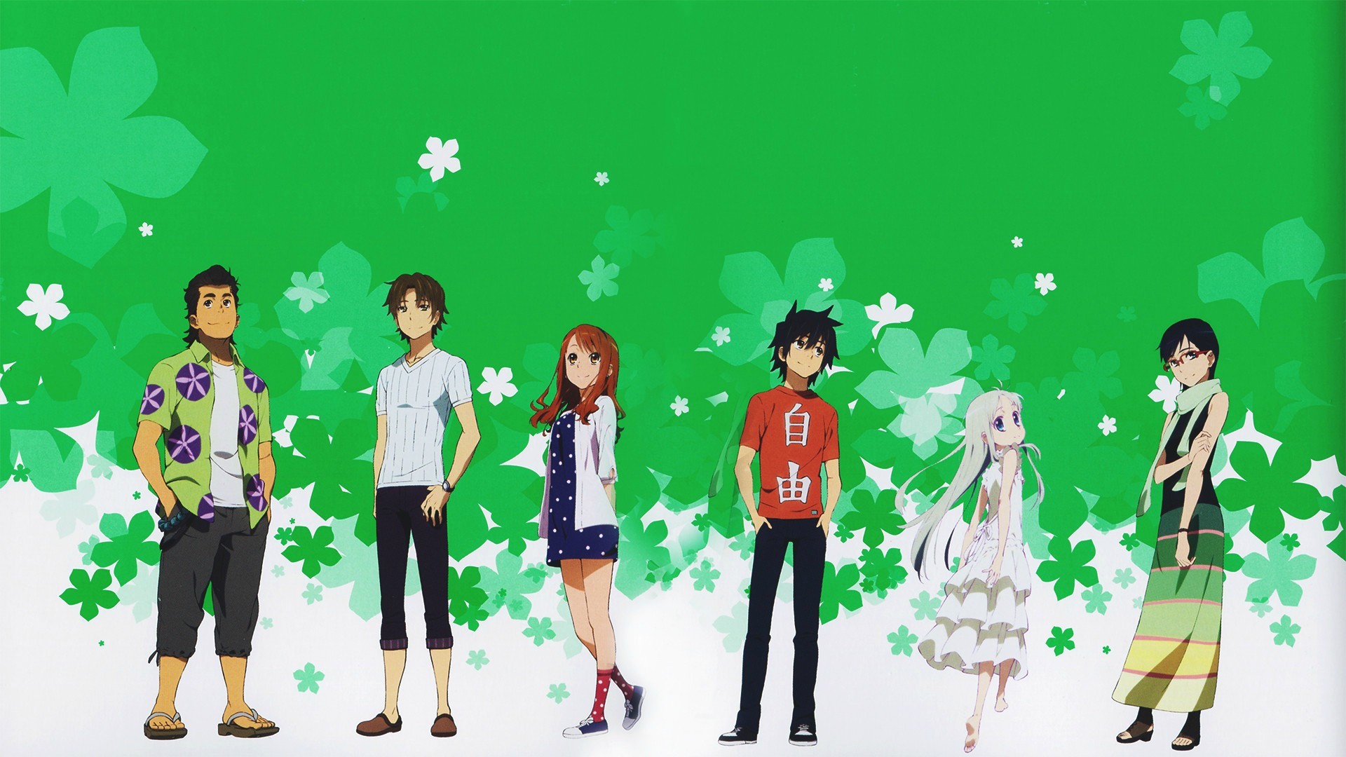 Anime 1920x1080 Ano Hi Mita Hana no Namae wo Bokutachi wa Mada Shiranai green background anime boys anime girls standing
