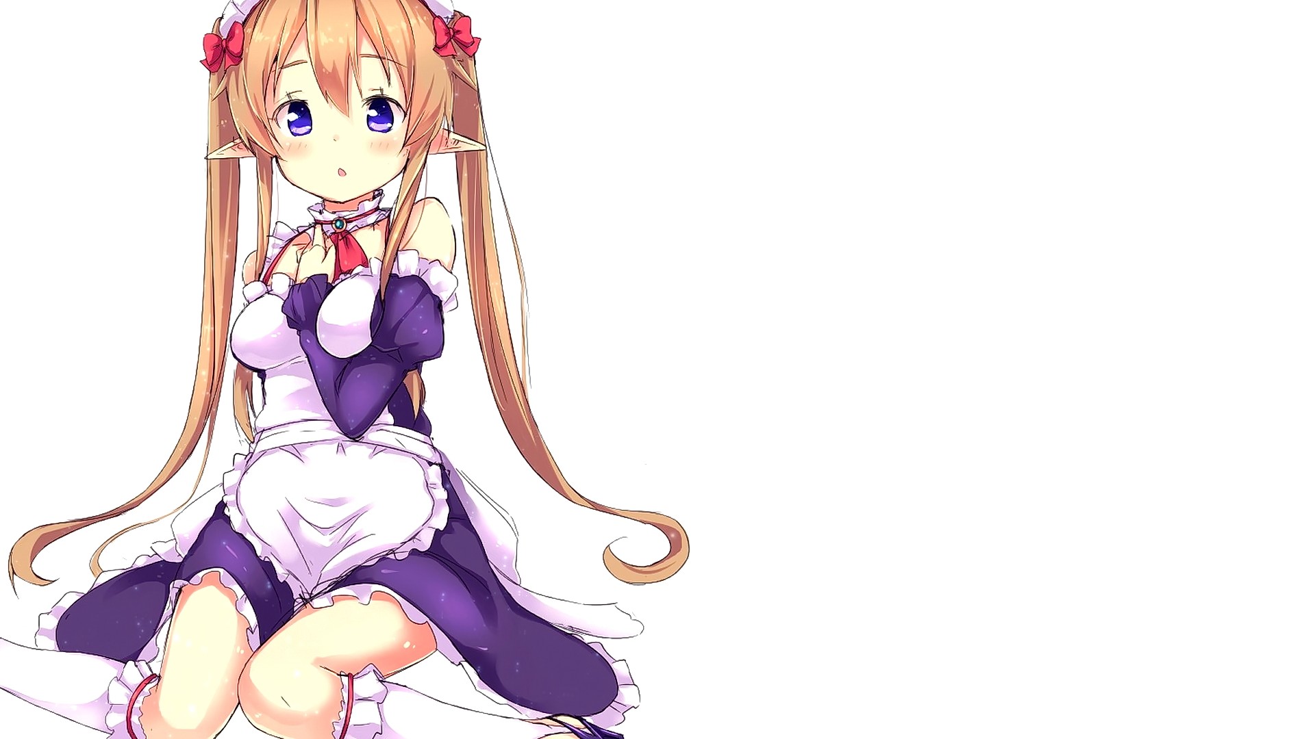 Anime 1920x1080 anime anime girls Outbreak Company maid outfit pointy ears twintails white background simple background fantasy girl sitting maid purple eyes long hair