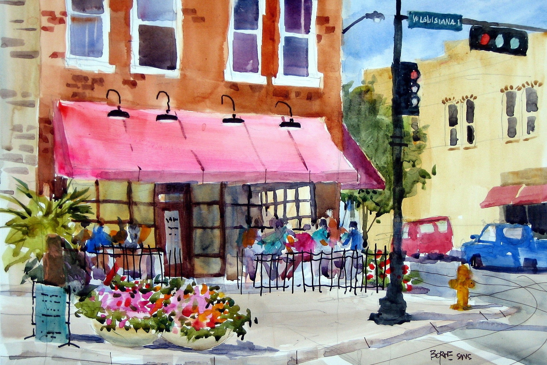 General 1920x1280 artwork painting watercolor flowerpot cafe traffic lights