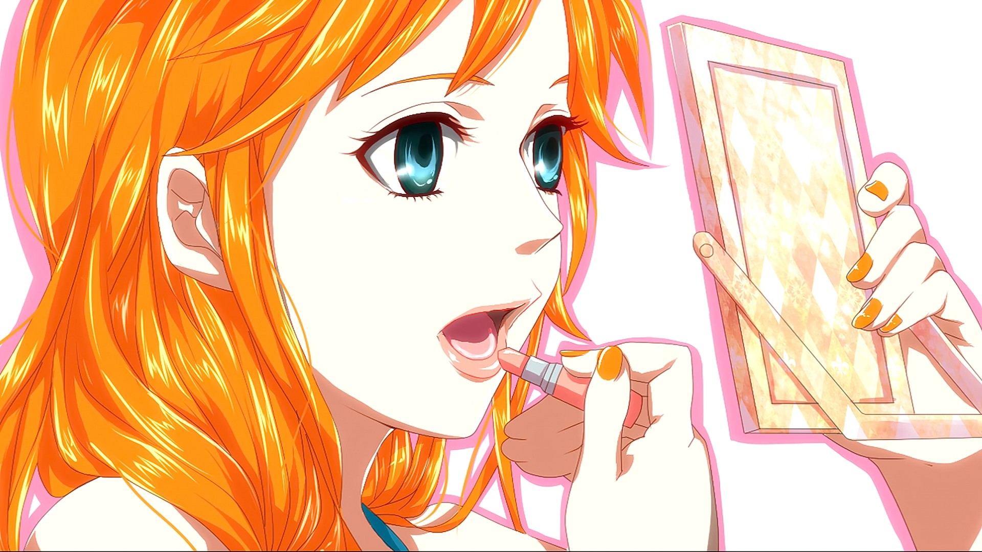 Anime 1920x1080 anime anime girls Nami One Piece white background redhead open mouth looking away makeup painted nails lipstick aqua eyes