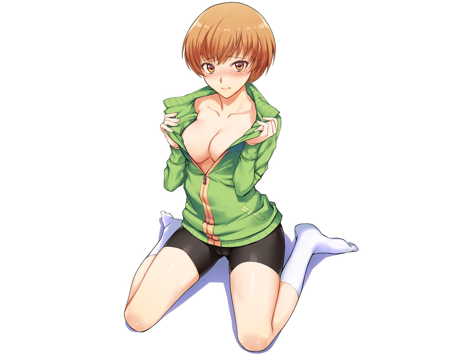 Anime 1600x1200 anime anime girls open shirt short hair Persona 4 cleavage Persona series cameltoe Satonaka Chie boobs video games video game girls fan art looking at viewer green clothing women