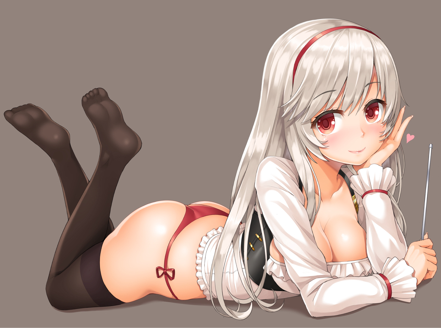 Anime 1482x1102 Sennen Sensou Aigis cleavage corset underwear thigh-highs feet stockings lying on front artwork looking at viewer red eyes Anna (Sennen Sensou Aigis) Lambda (artist) anime girls Pixiv anime smiling boobs big boobs red panties red lingerie lingerie black stockings simple background ass