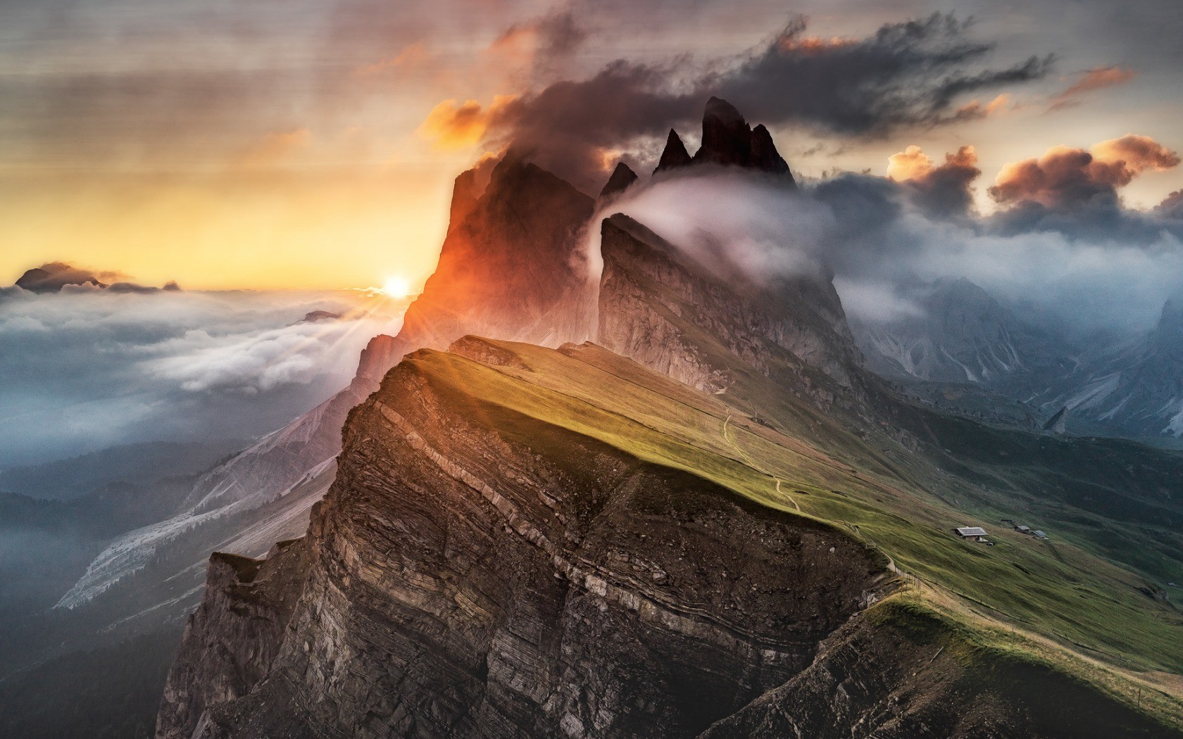 General 1680x1050 mountains nature Dolomites clouds sunset sun rays orange sky sky sunlight landscape