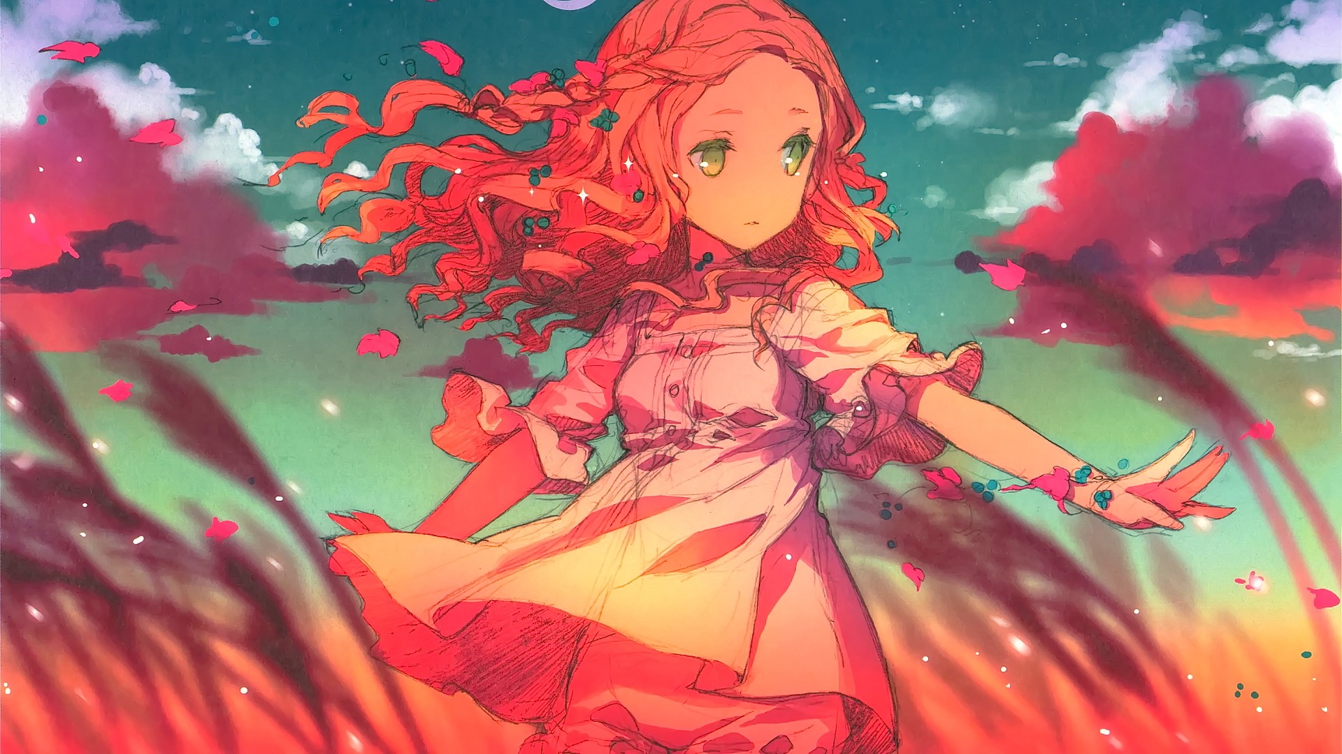 Anime 1920x1080 anime anime girls green eyes clouds wind field original characters sky dress redhead long hair