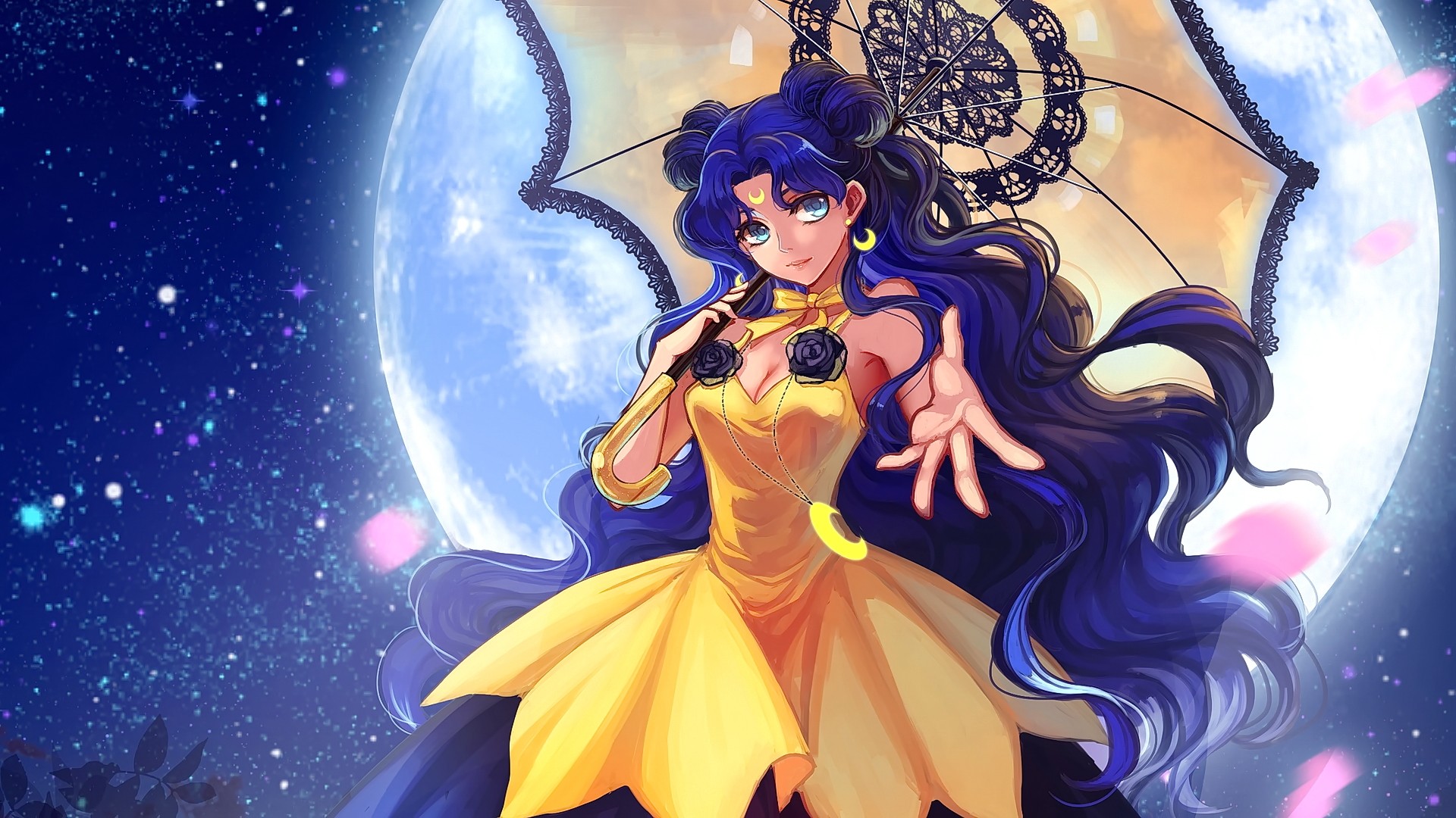 Anime 1920x1080 anime anime girls Moon blue hair long hair dress umbrella Sailor Moon yellow dress women with umbrella Luna