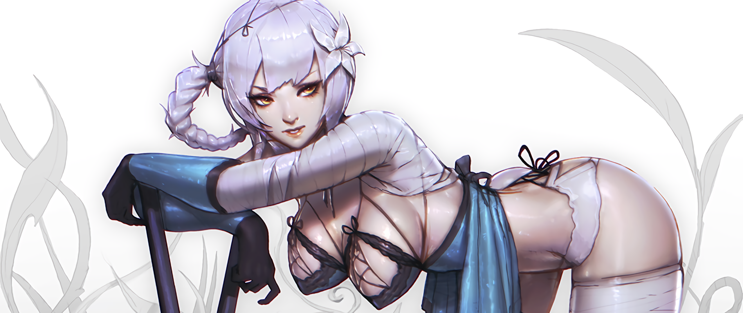 Anime 2560x1080 ecchi Kaine (NieR) Nier ultrawide hanging boobs boobs big boobs white background simple background anime anime girls curvy bent over yellow eyes