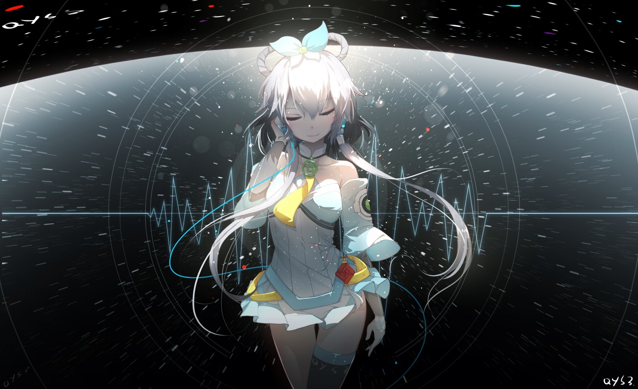 Anime 1300x794 Luo Tianyi (vocaloid) Vocaloid China white hair white dress waveforms audio spectrum anime girls closed eyes anime long hair tie standing