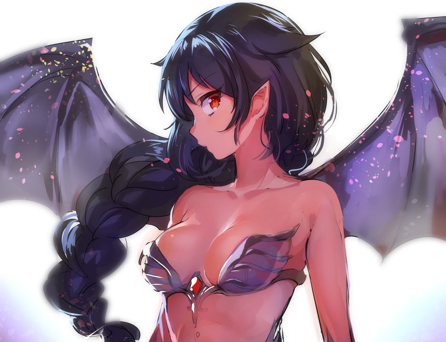 Anime 1880x1440 black hair braids boobs cleavage cropped demon pointy ears red eyes wings