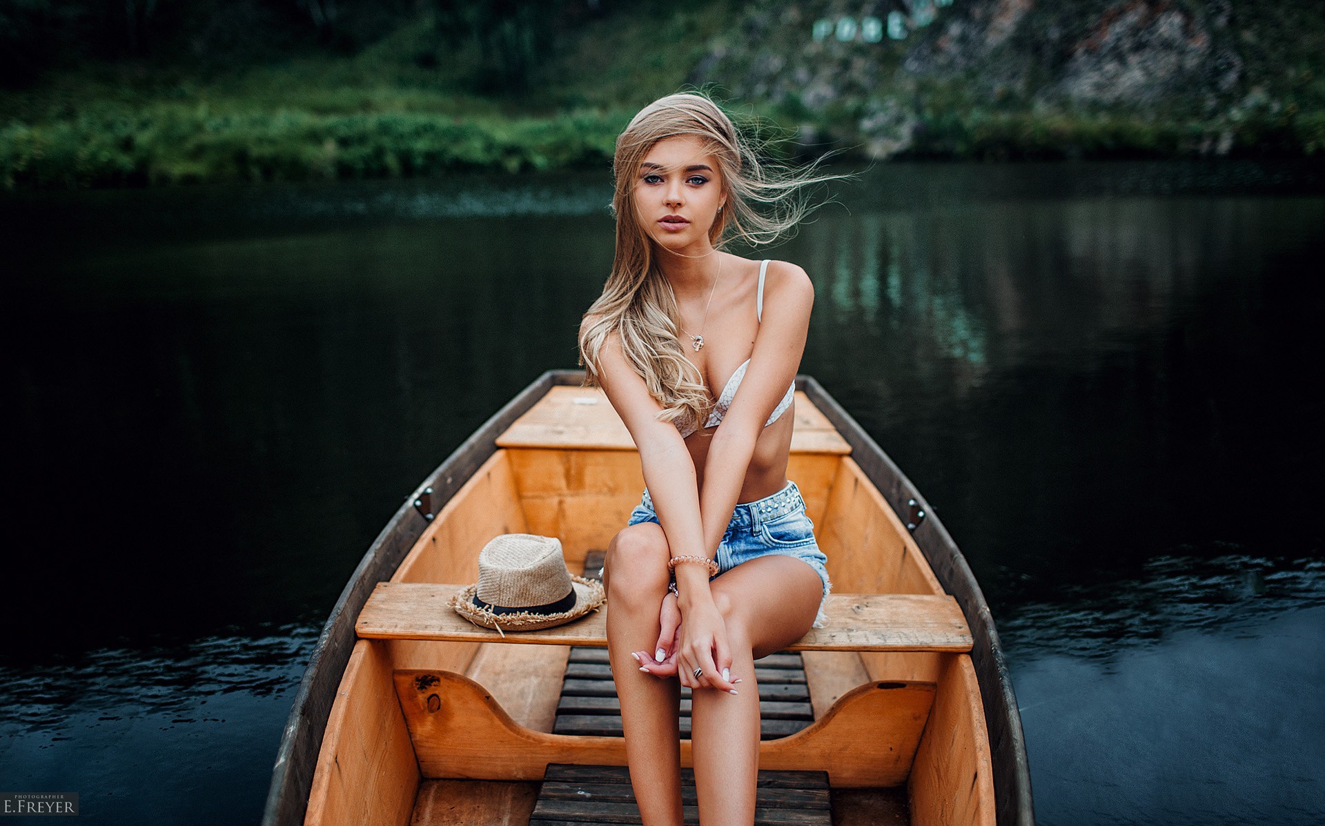 People 1920x1197 women women outdoors blonde white bra boat water shorts jean shorts cleavage windy portrait tanned short shorts Evgeny Freyer sitting hat depth of field model long hair straight hair looking at viewer legs bare shoulders bra lake Polina Kostyuk hair blowing in the wind skimpy clothes straw hat crucifix necklace hand(s) between legs white nails vehicle women with boats watermarked