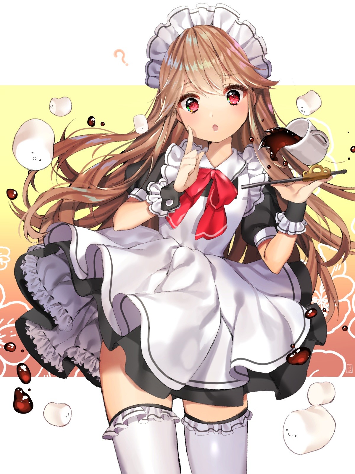 Anime 1200x1600 maid thigh-highs simple background maid outfit brunette red eyes anime girls Gambe
