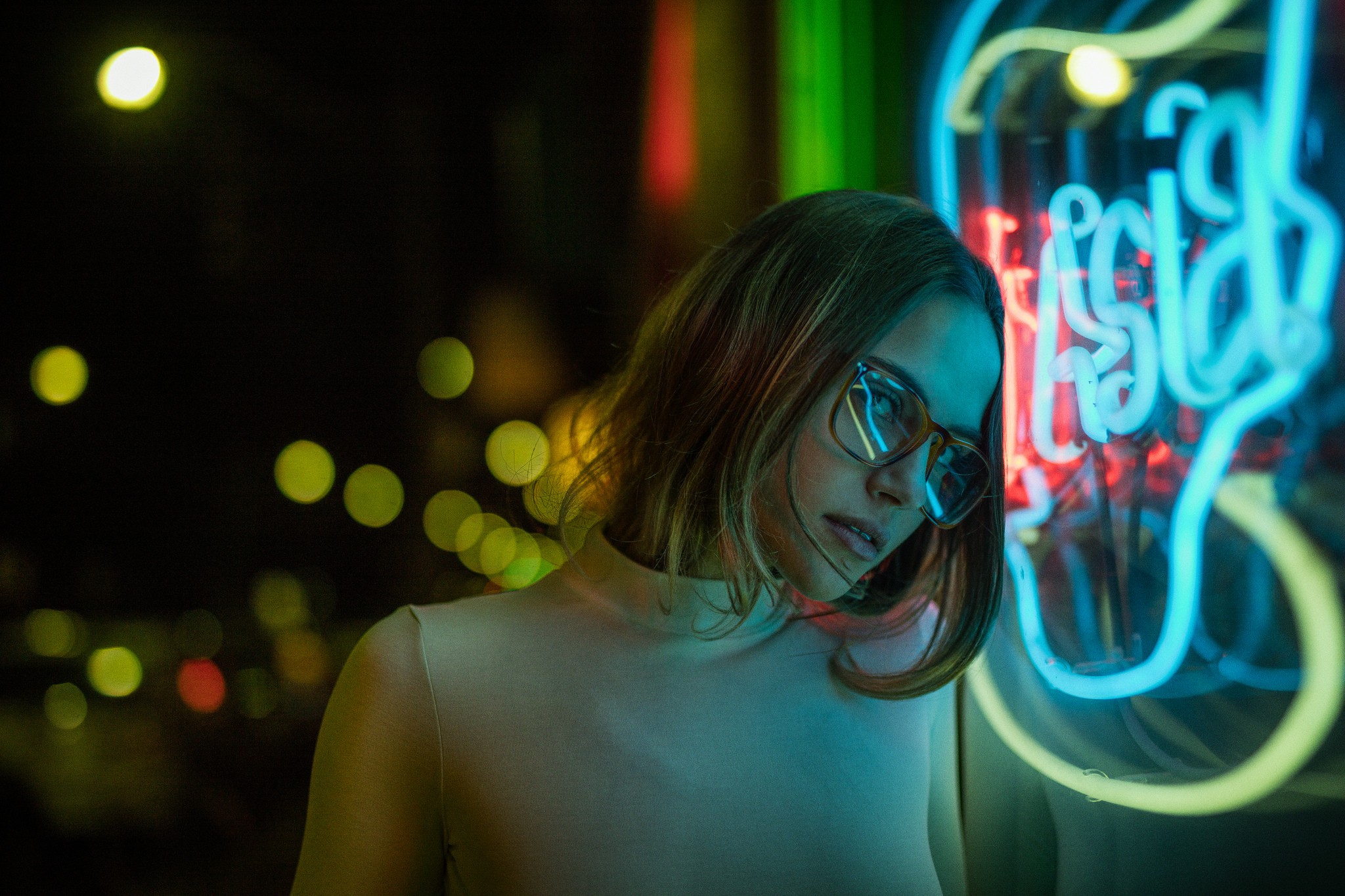 People 2048x1365 women model brunette looking at viewer glasses women with glasses neon night