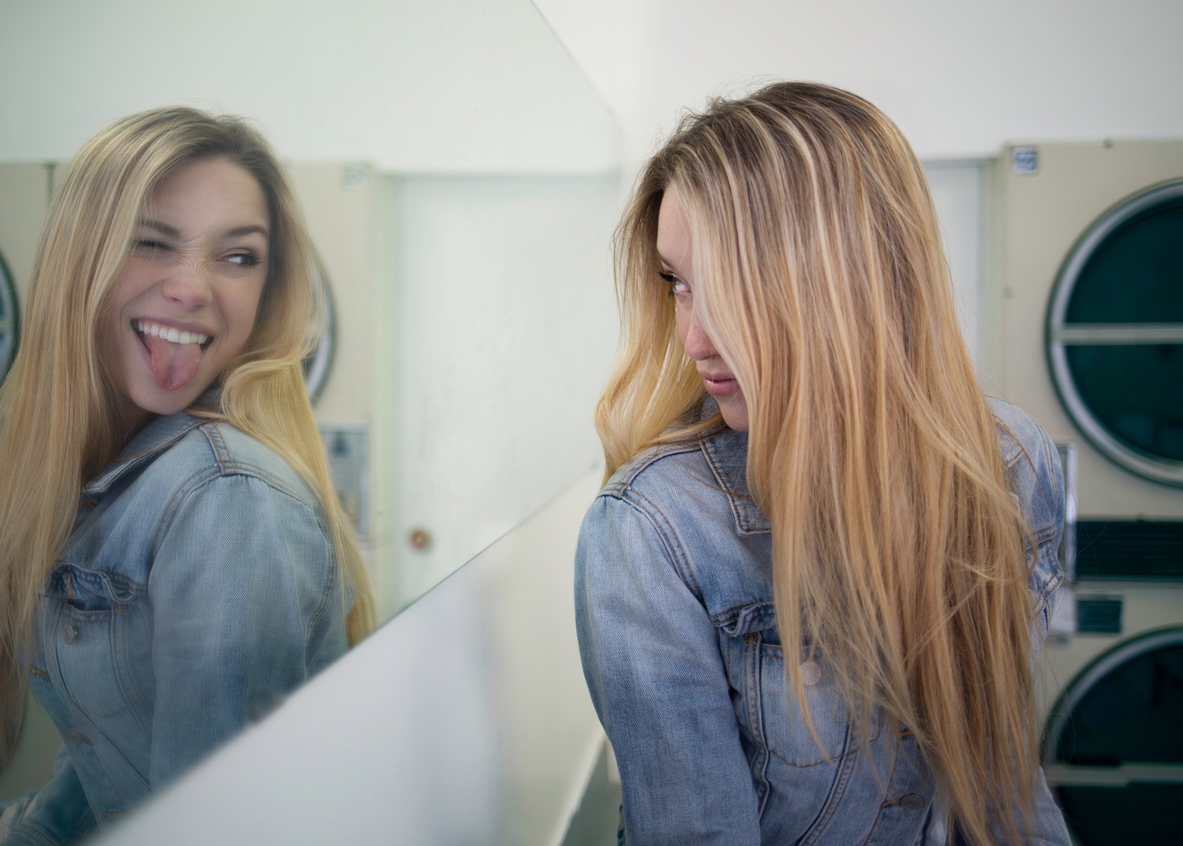 People 2439x1745 blonde Alexis Ren mirror tongues long hair straight hair reflection tongue out jacket jeans women model denim jacket photo manipulation