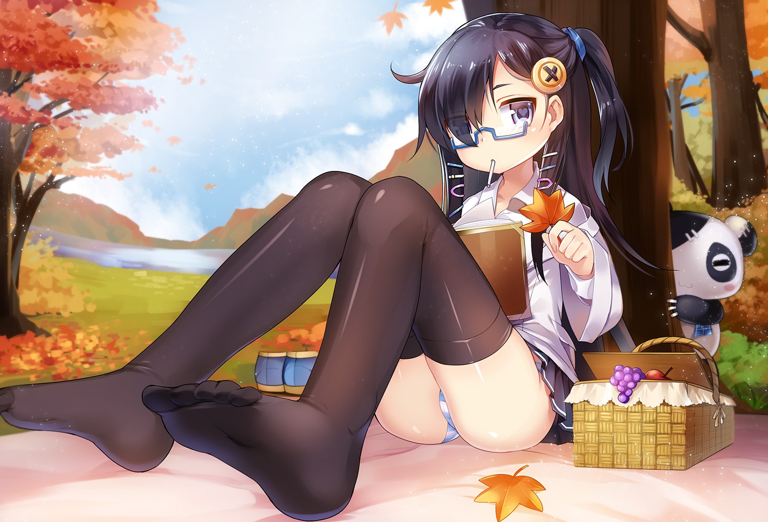 Anime 1500x1020 anime anime girls long hair stockings skirt purple eyes glasses thigh-highs Linxingzi ass sitting