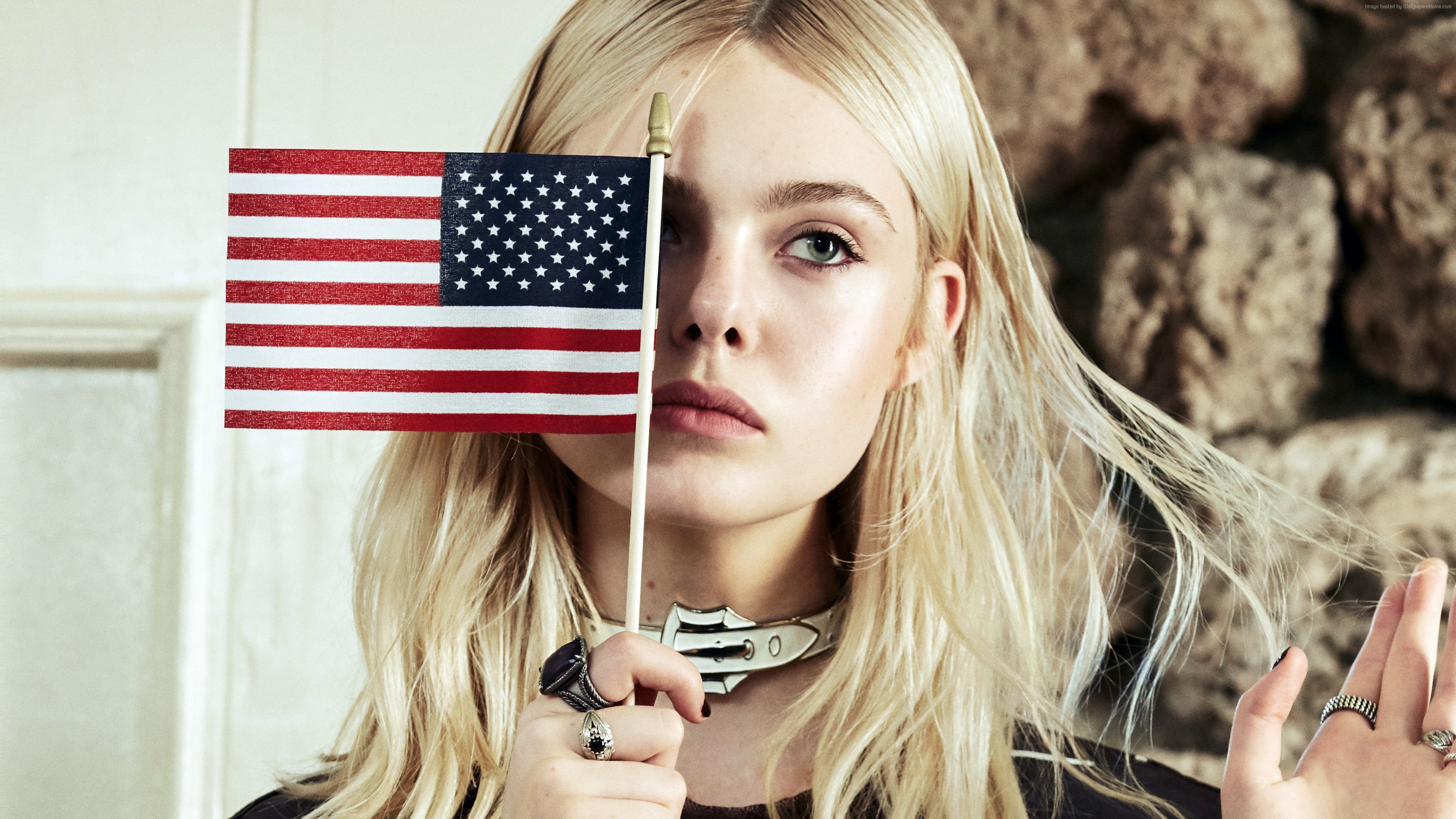 People 3840x2160 American flag women blonde boredom Elle Fanning closeup