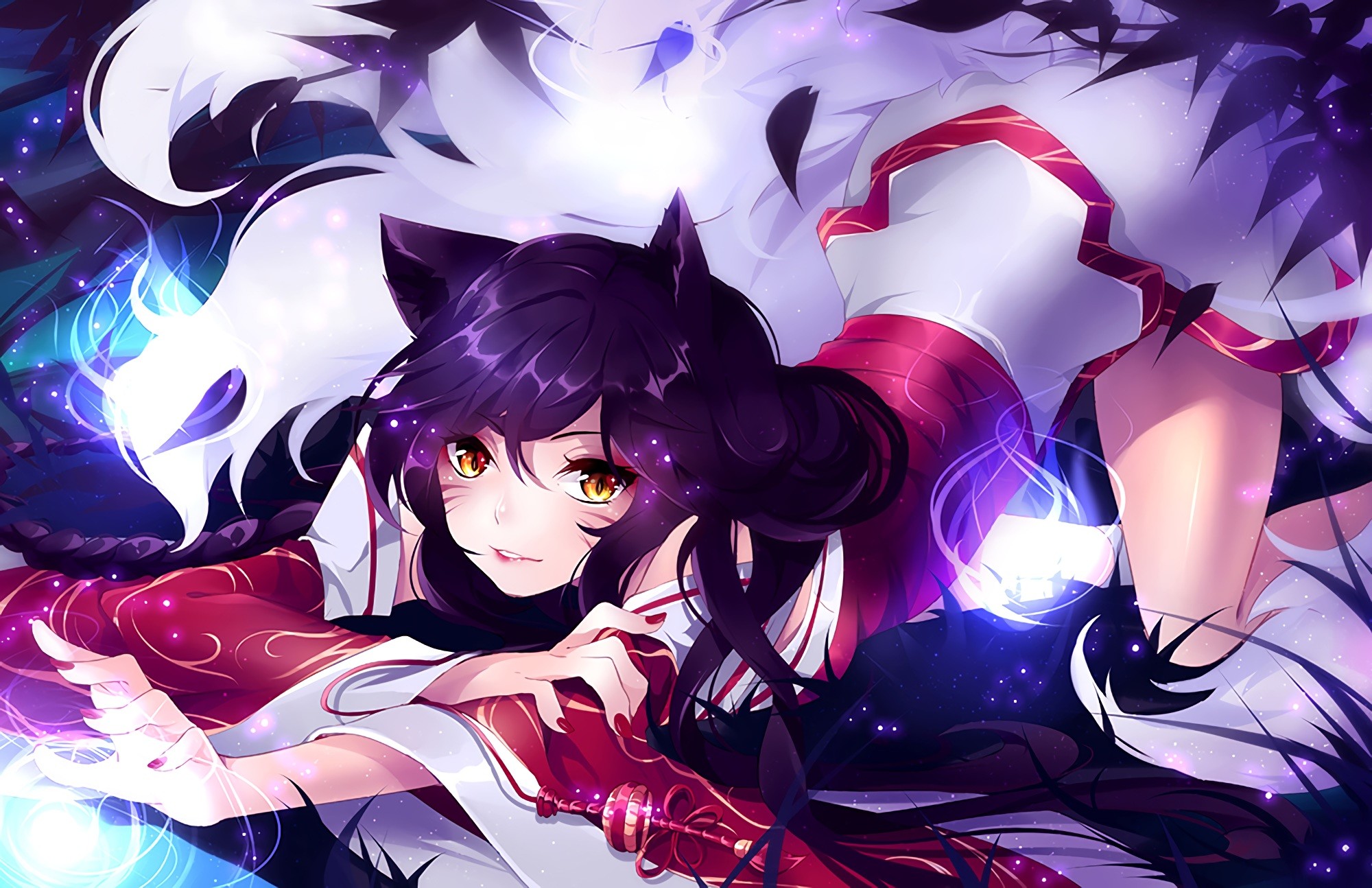 Anime 2000x1294 anime anime girls League of Legends Ahri (League of Legends) animal ears Japanese clothes long hair tail orange eyes bent over video game girls video game characters Pixiv PC gaming looking at viewer dark hair