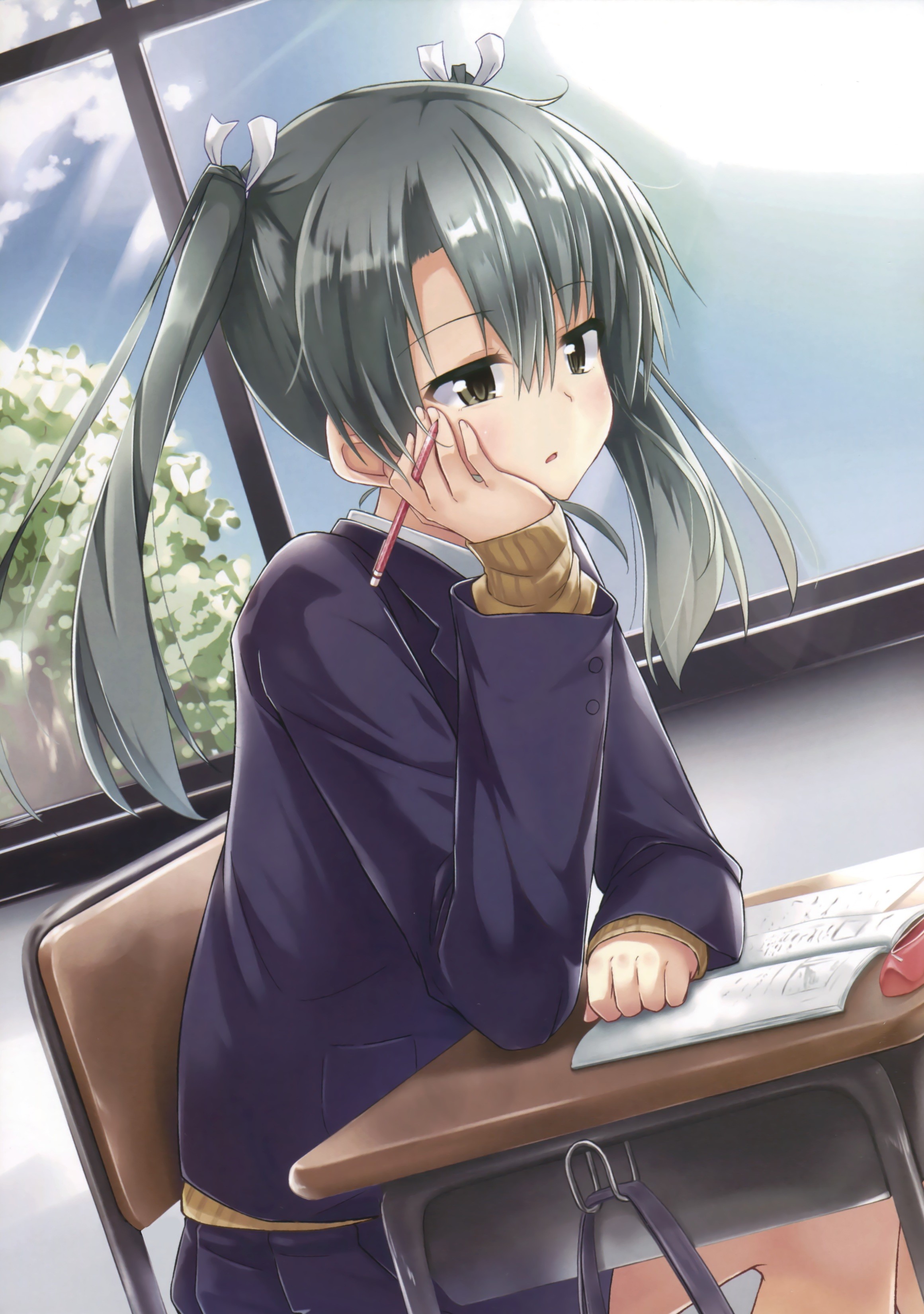 Anime 2321x3300 anime anime girls Kantai Collection Zuikaku (KanColle) sweater long hair gray hair sitting pens