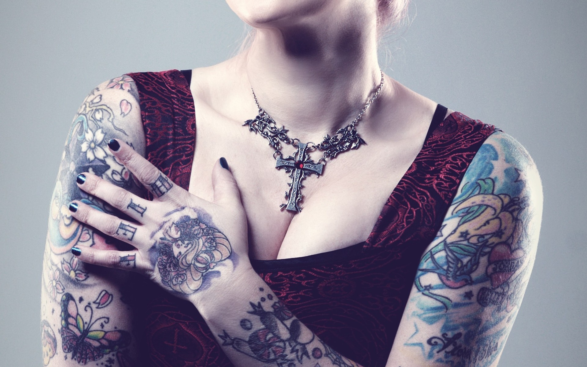 People 1920x1200 tattoo cross model hands painted nails cleavage inked girls necklace simple background black nails women indoors indoors studio women