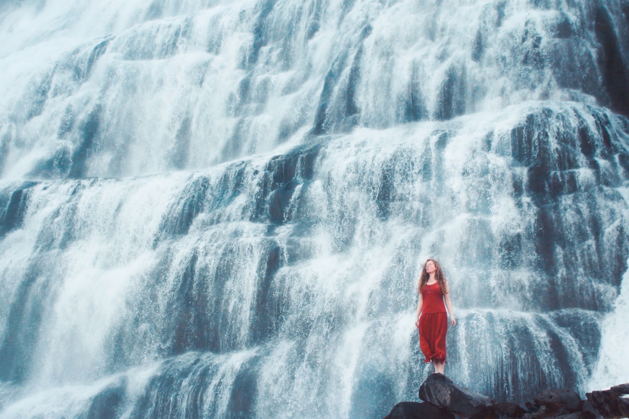 General 2000x1333 women nature water red dress waterfall women outdoors outdoors rocks stones dress red clothing alone model