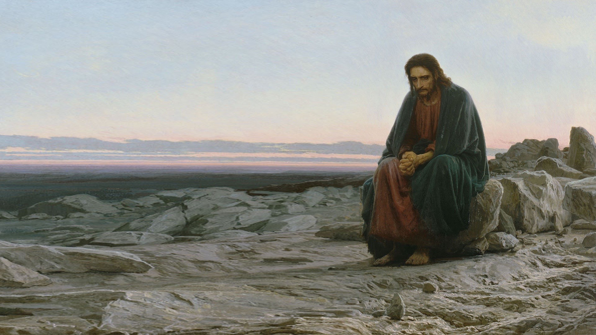 General 1920x1080 artwork classic art painting Jesus Christ sitting sadness alone rocks desert Christianity religion barefoot landscape
