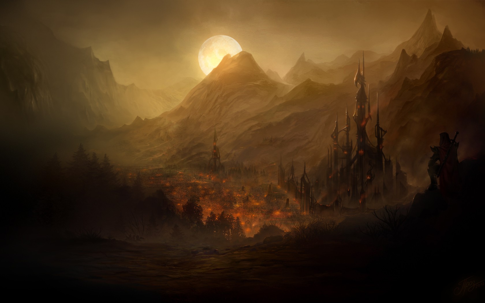 General 1680x1050 fantasy art artwork digital art mountains far view sunset burning warrior dark landscape